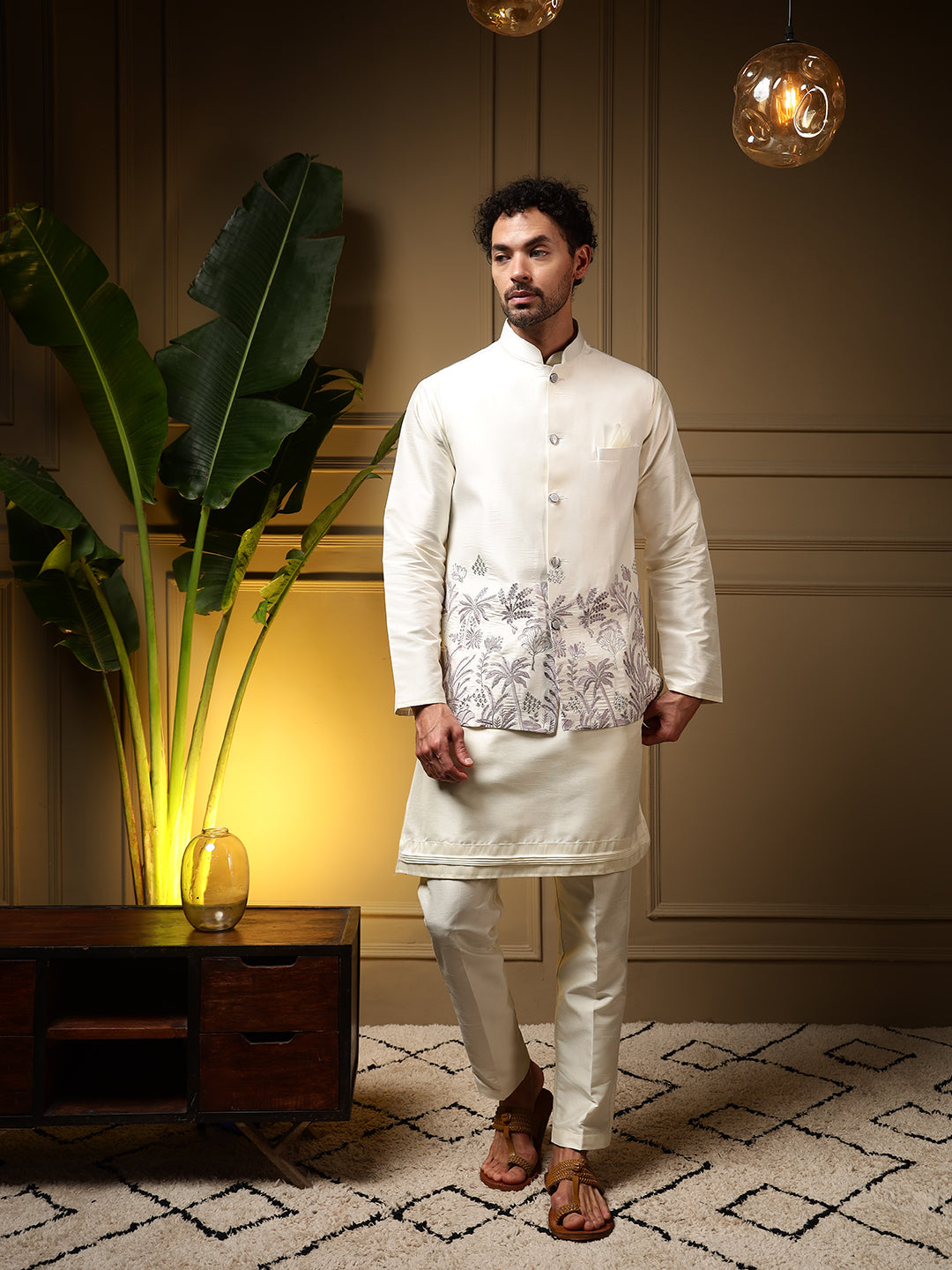 Men's Purple Slub Silk Sequins Embroidered Kurta Set with Koti