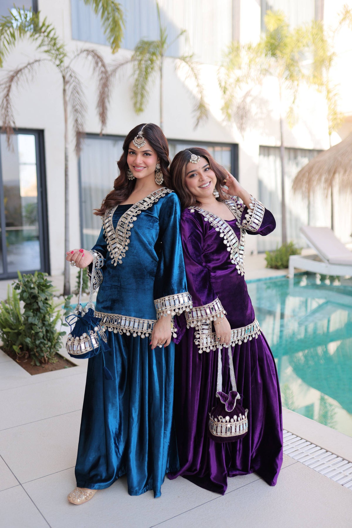 Rama & Purple ICE Velvet Embroidered Kurta Set with Batwa