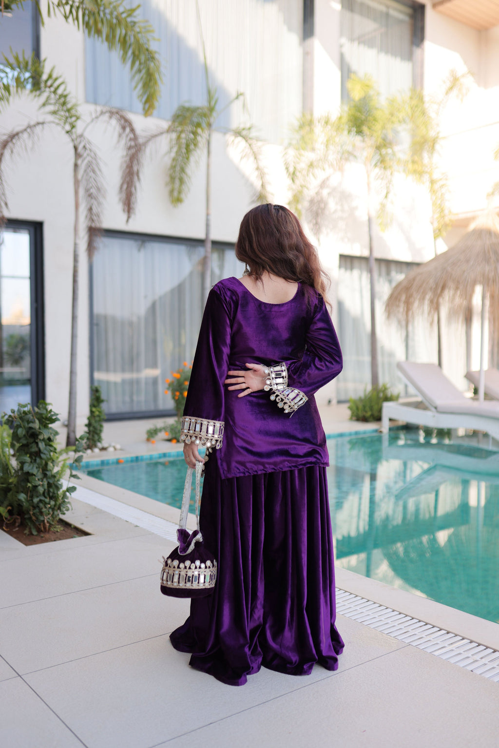 Purple ICE Velvet Embroidered Kurta Set with Real Mirror Work
