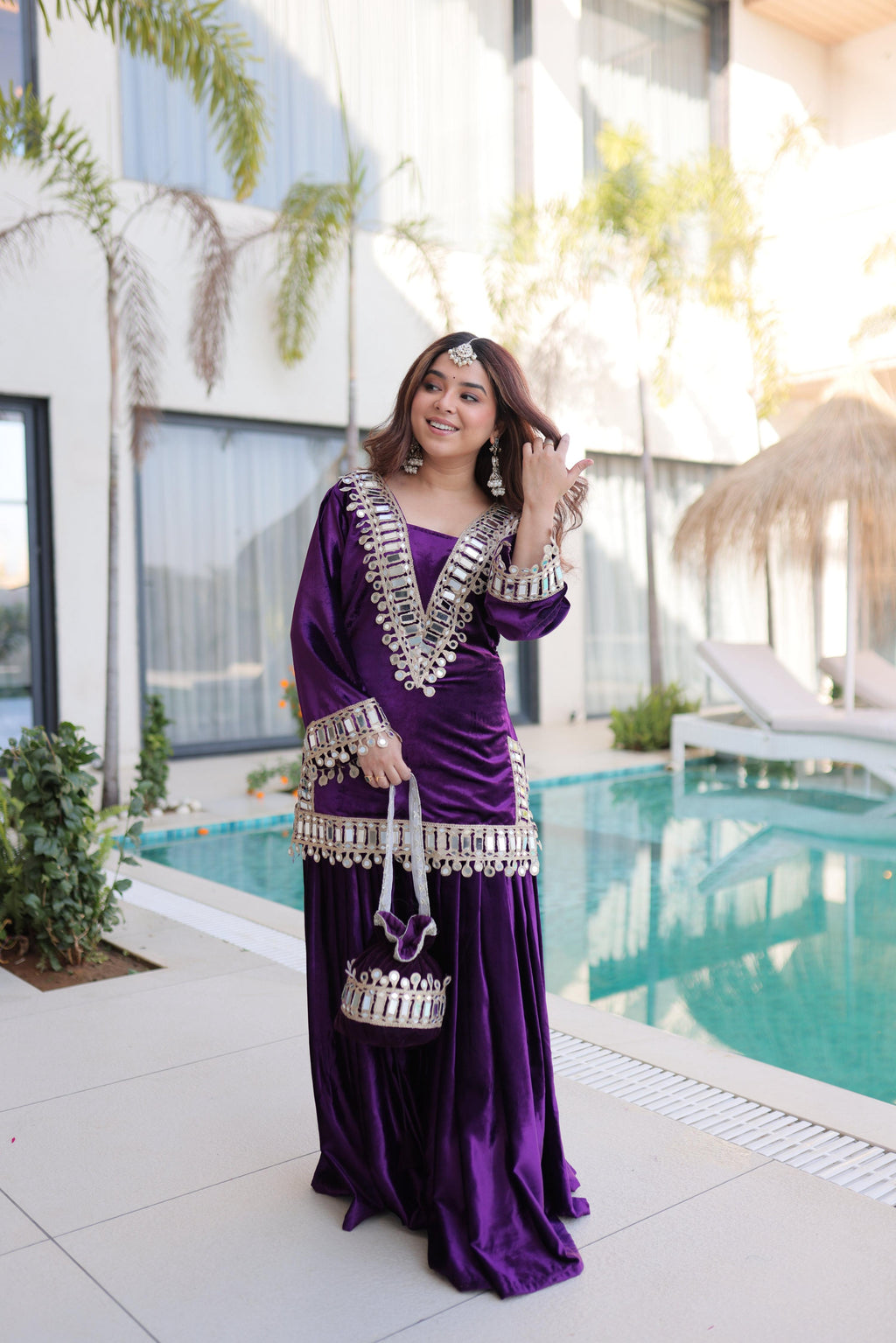 Purple ICE velvet kurta set with real mirror work, zari embroidery, and matching batwa bag