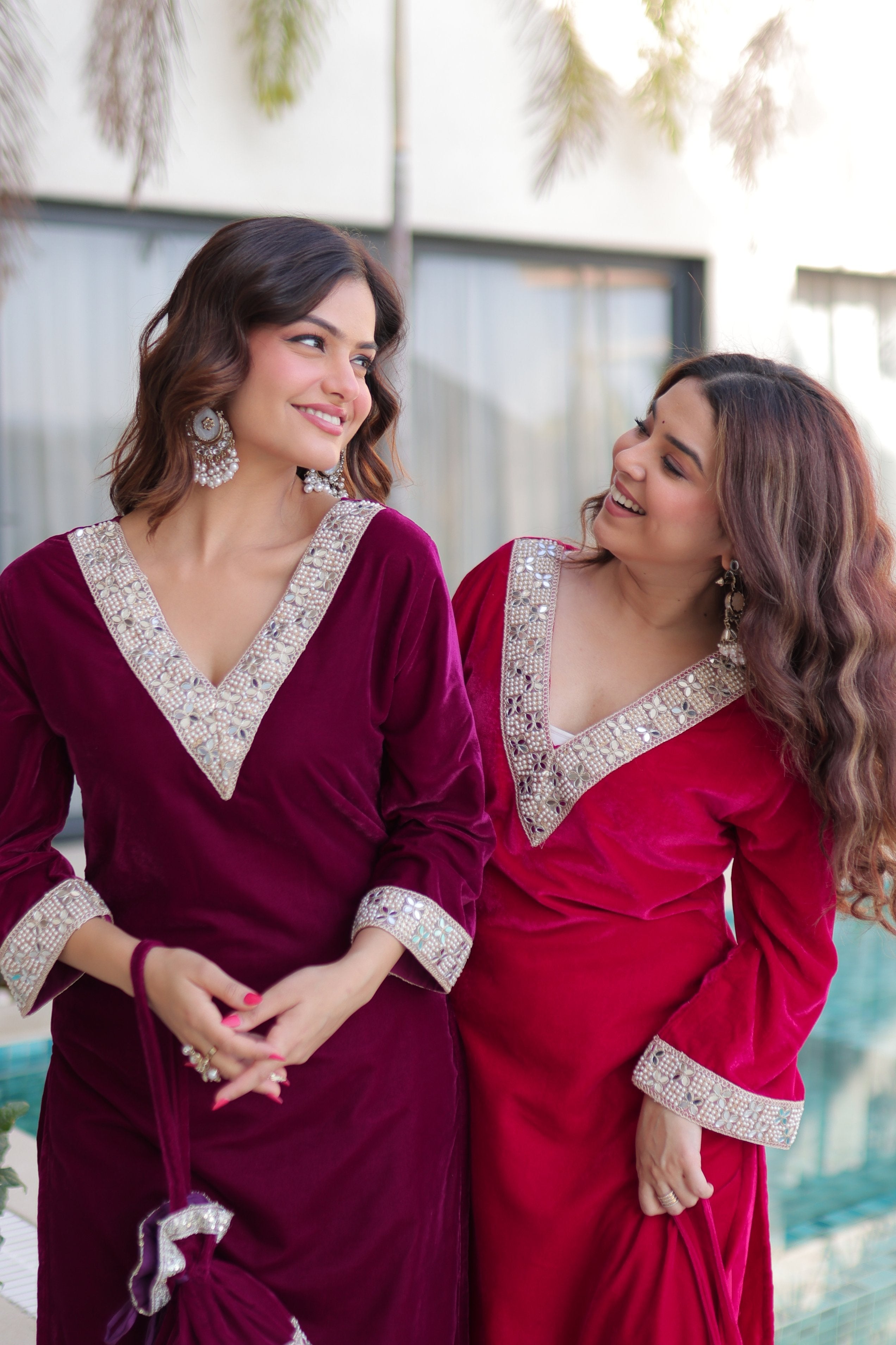 Wine & Pink Velvet Embroidered Kurta Set with Mirror Work & Batwa