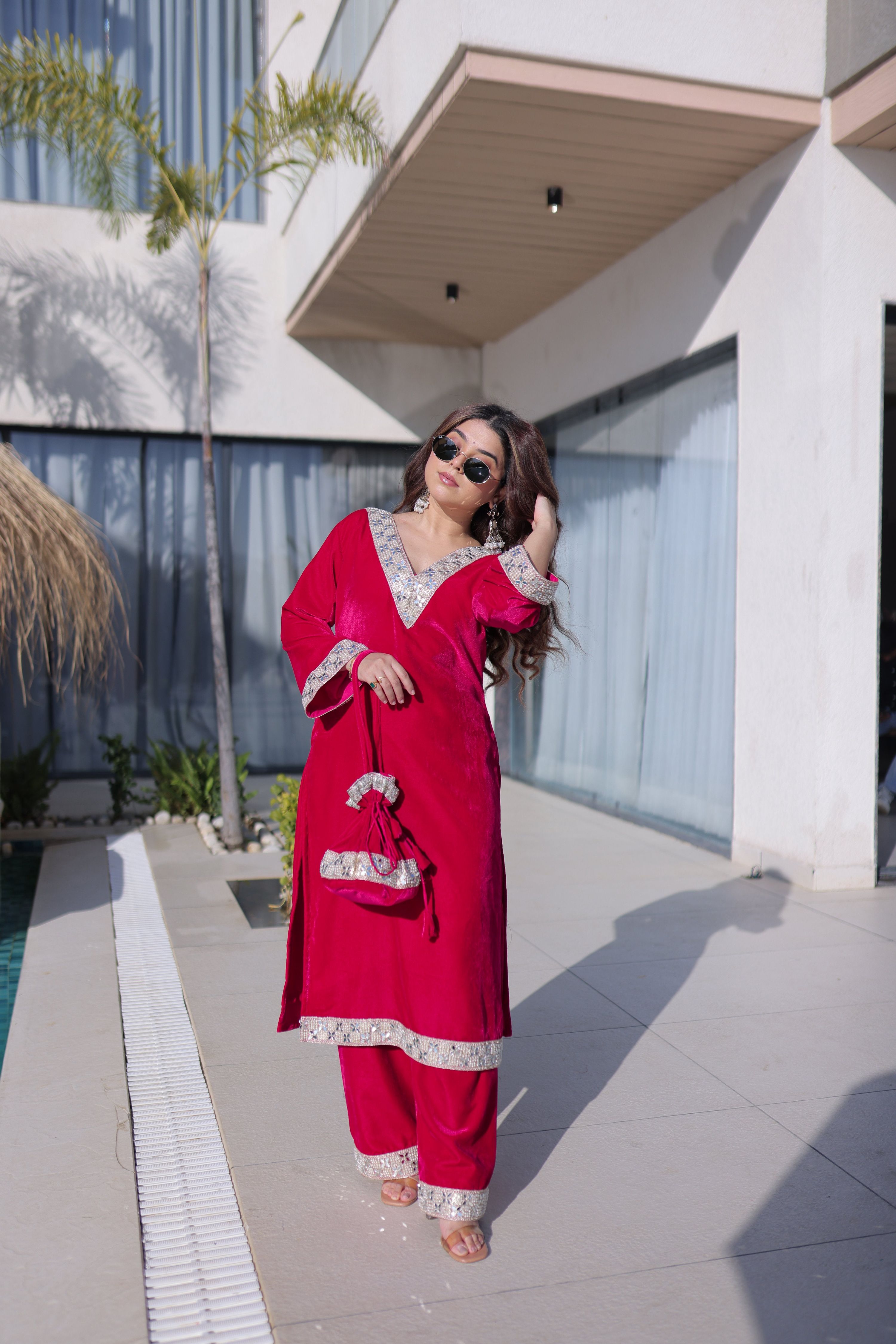 Jyoti Fashion Pink Velvet Embroidered Designer Kurta Set with Batwa