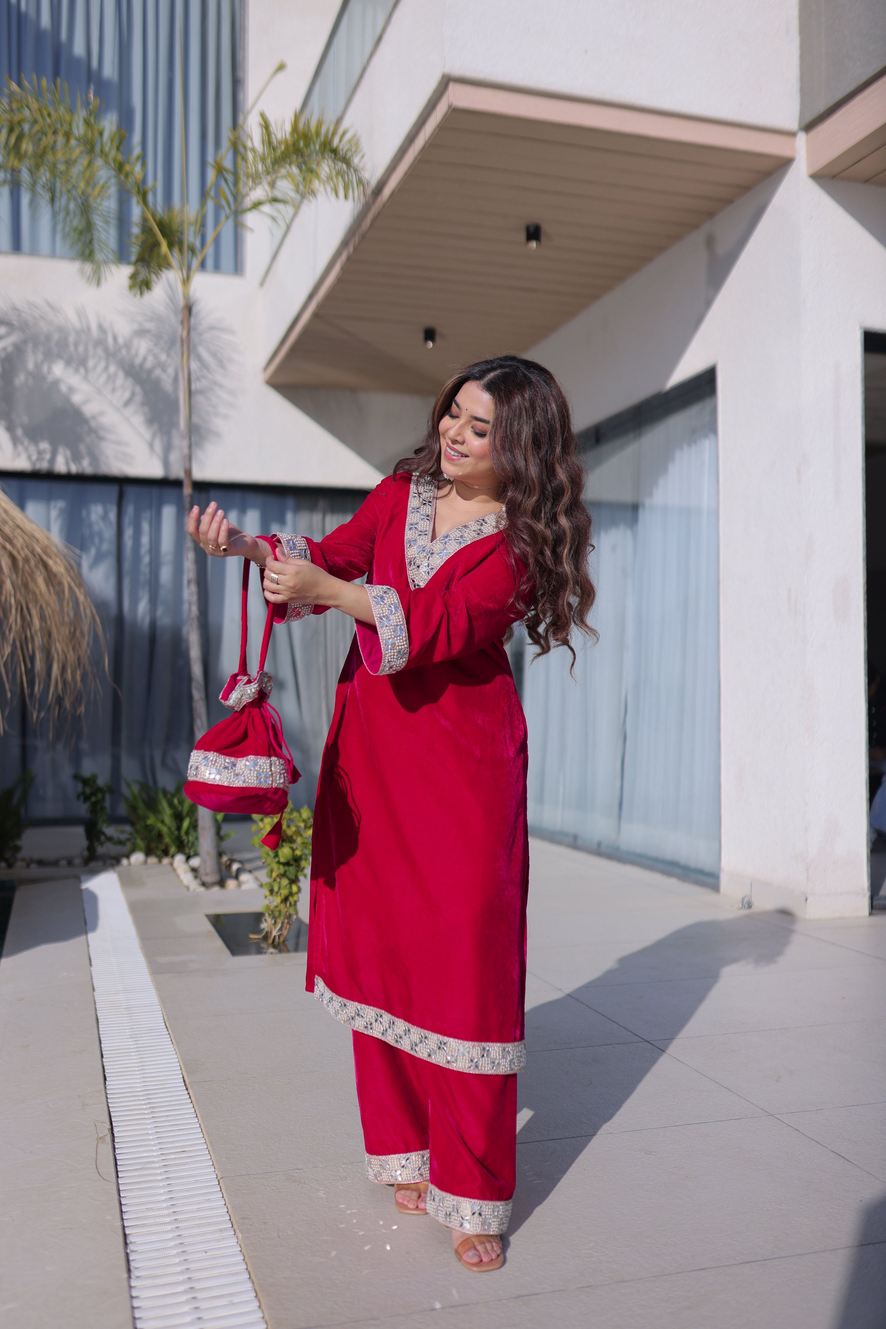Jyoti Fashion Pink Velvet Embroidered Designer Kurta Set with Batwa