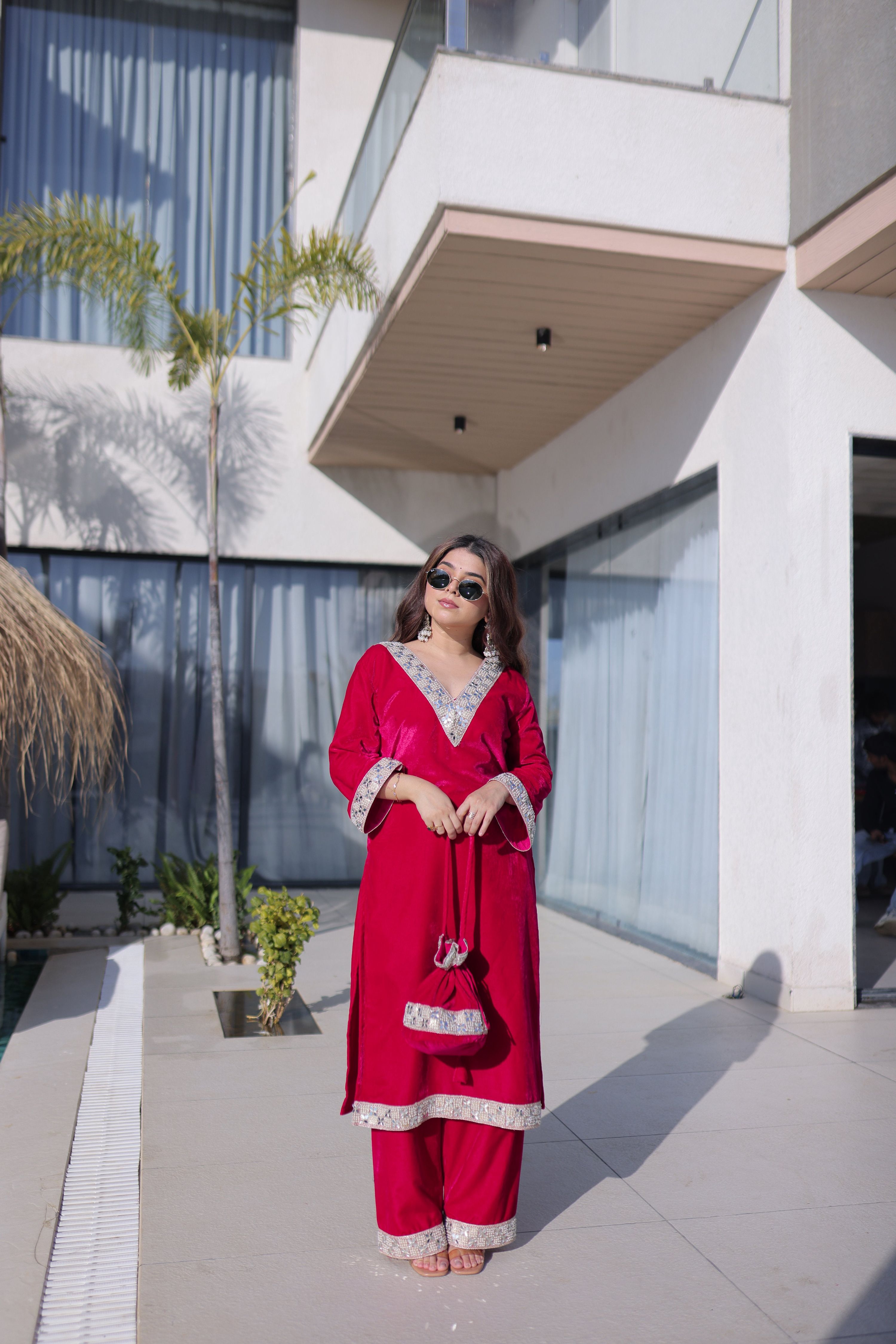 Jyoti Fashion Pink Velvet Embroidered Designer Kurta Set with Batwa
