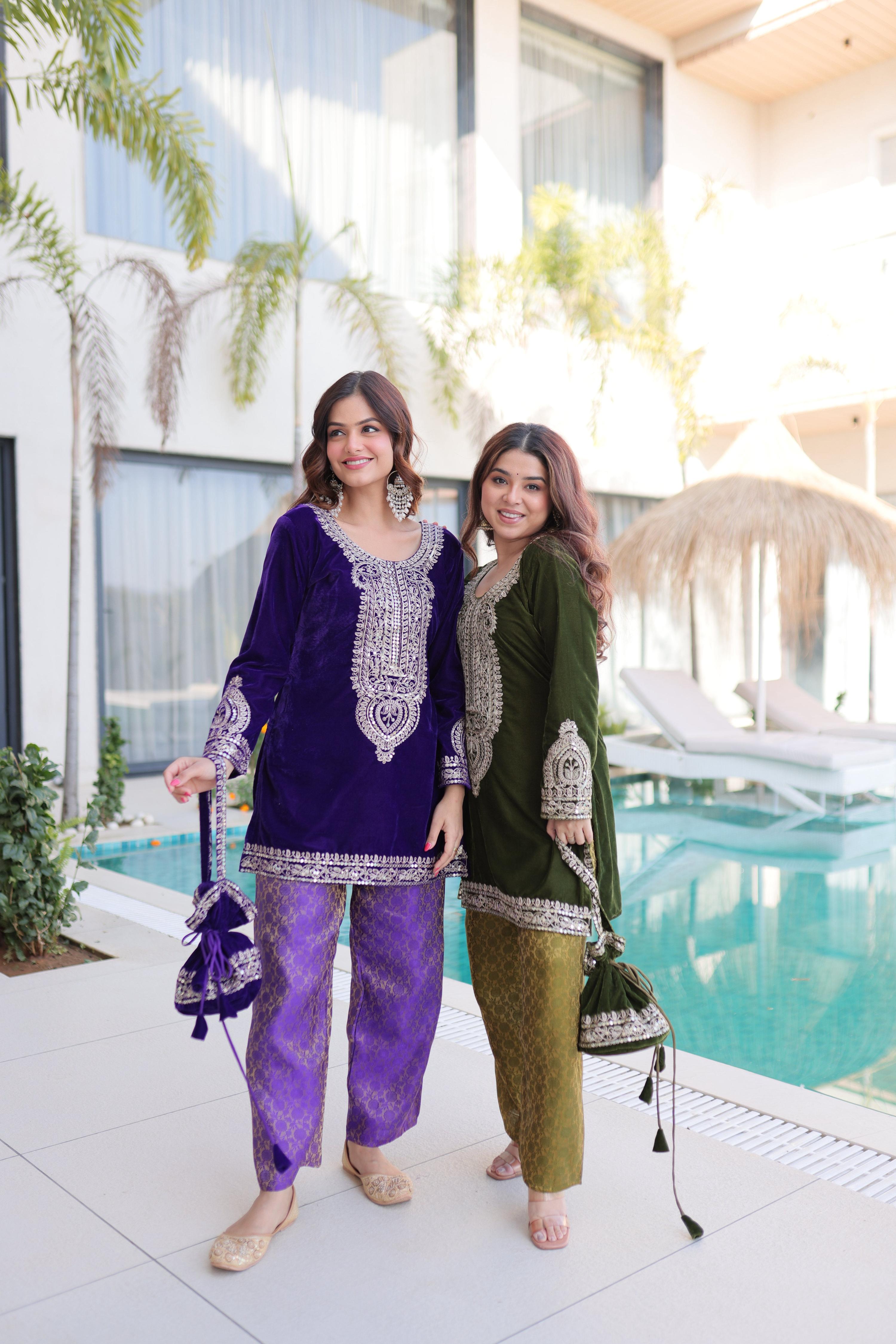 Jyoti Fashion Purple & Mehendi Velvet Embroidered Designer Combo Kurta Set with Batwa