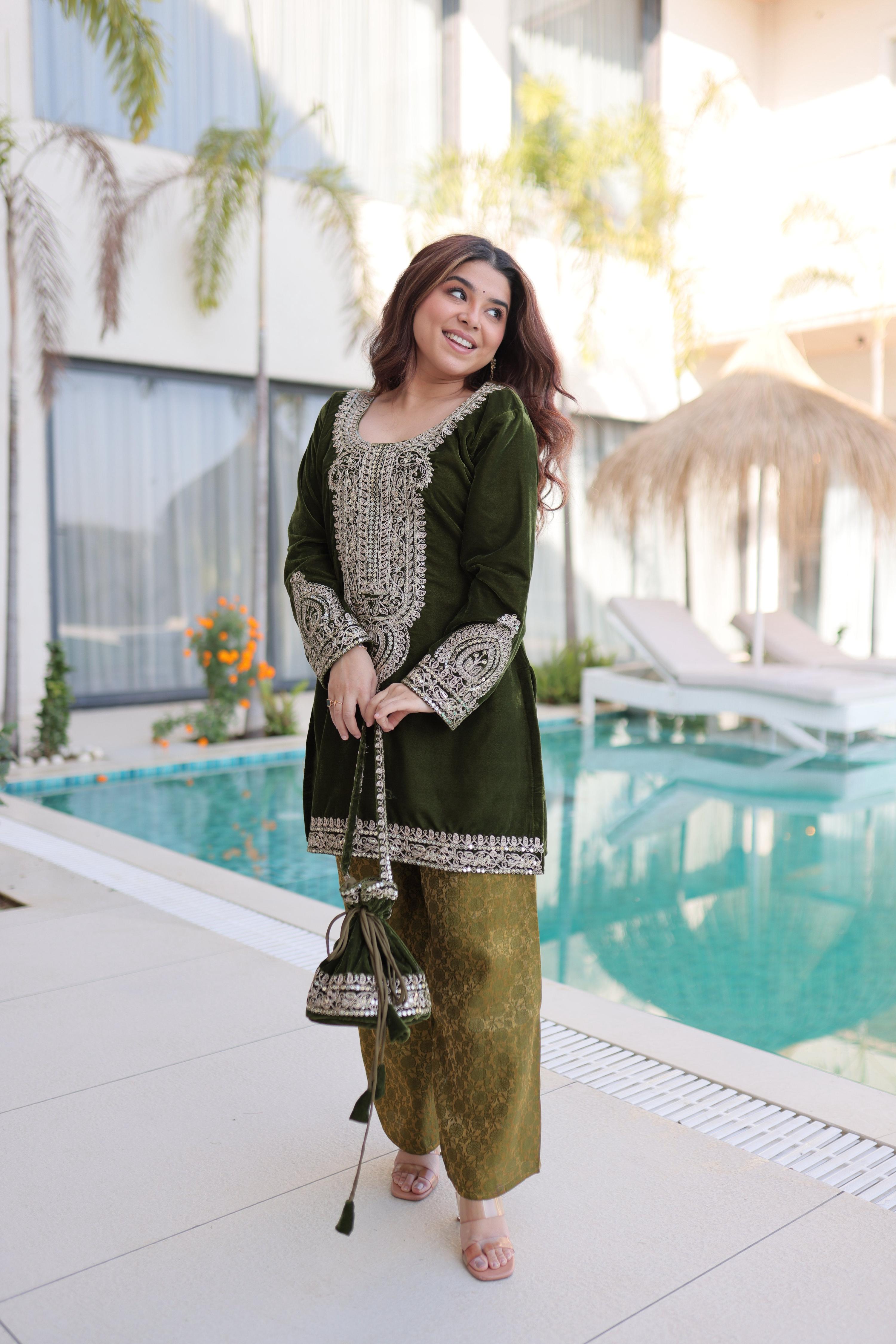 Jyoti Fashion Mehendi Velvet Embroidered Designer Kurta Set with Batwa