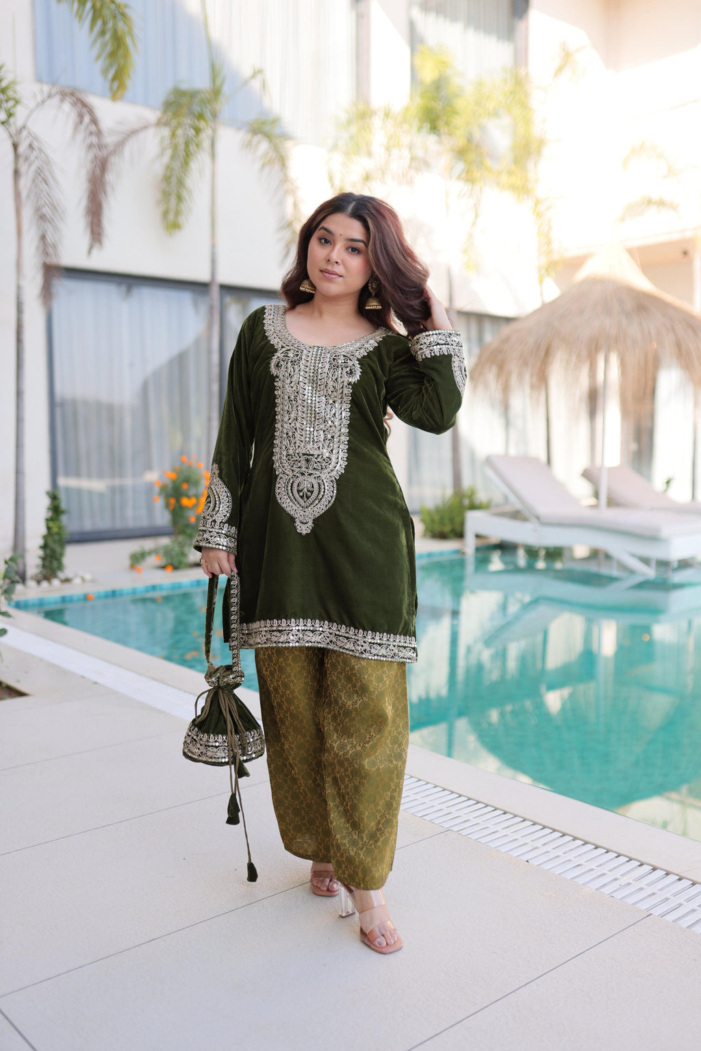 Mehendi velvet designer kurta with Zari coding embroidery and matching batwa bag