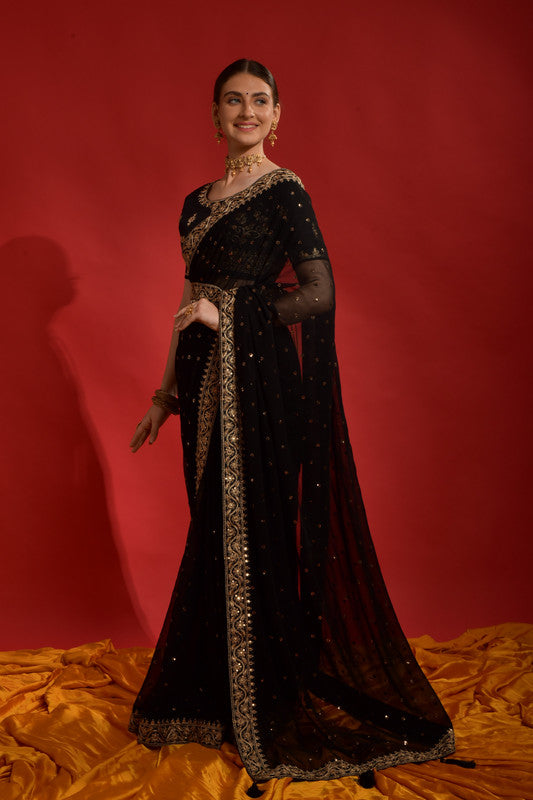 Black Georgette Saree with Coding Sequence Embroidery and Blouse