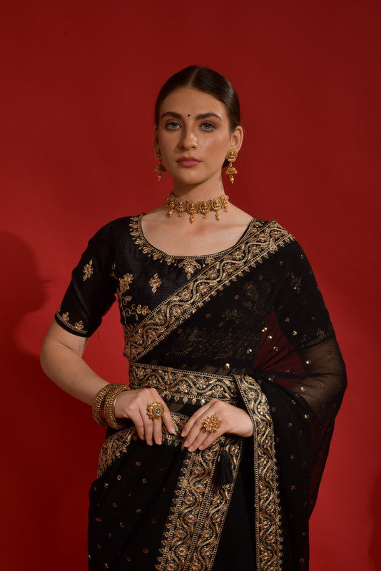 Black Georgette Saree with Coding Sequence Embroidery and Blouse