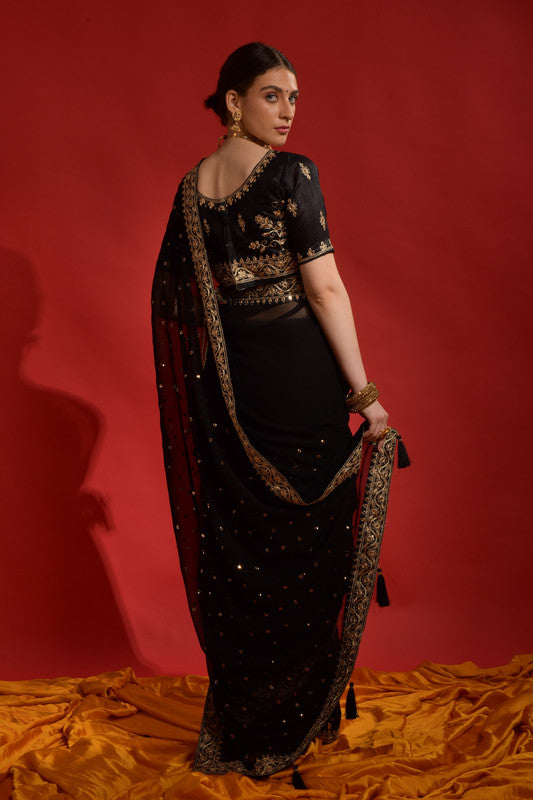 Black Georgette Saree with Coding Sequence Embroidery and Blouse