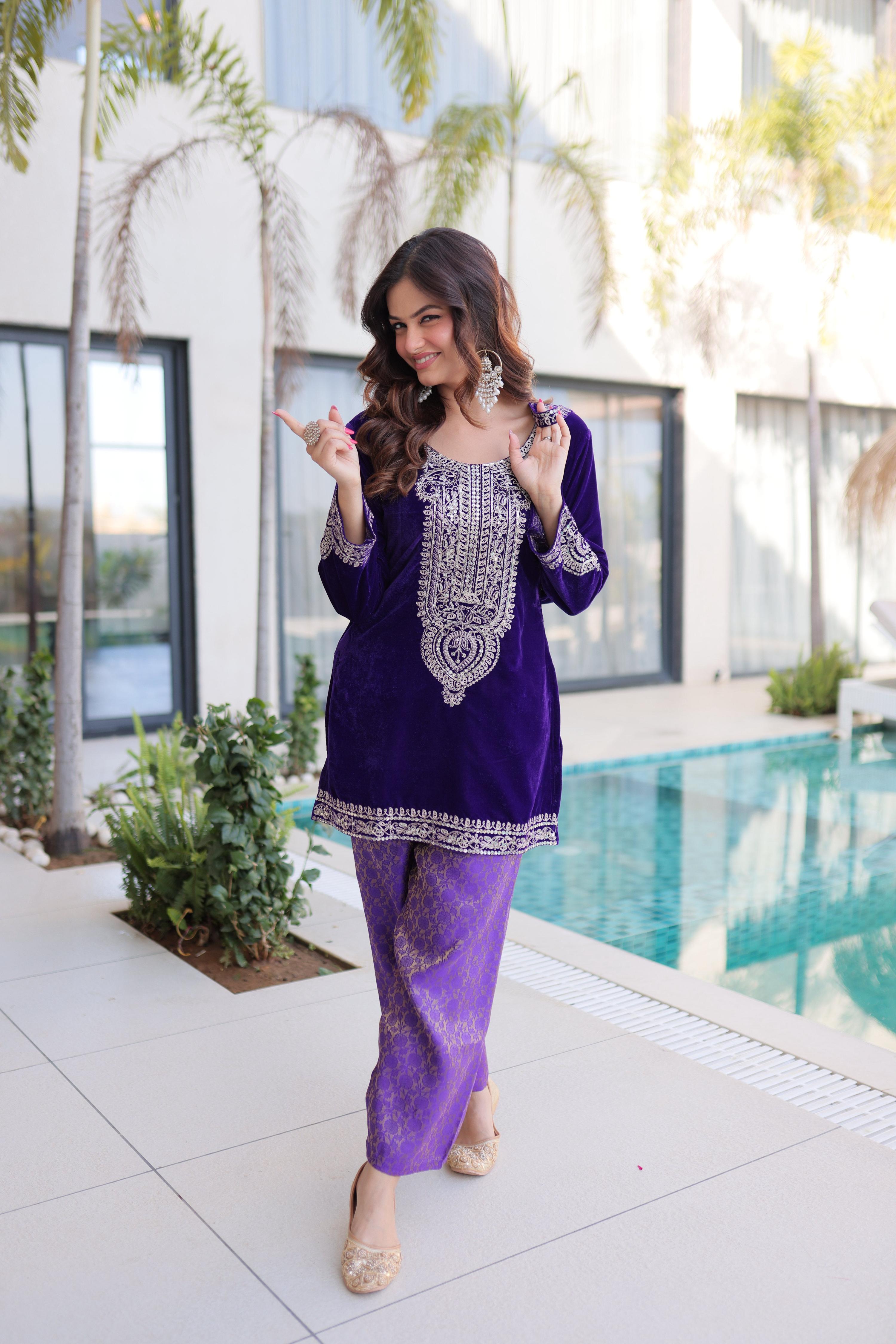 Purple Velvet Embroidered Designer Kurta Set with Matching Batwa