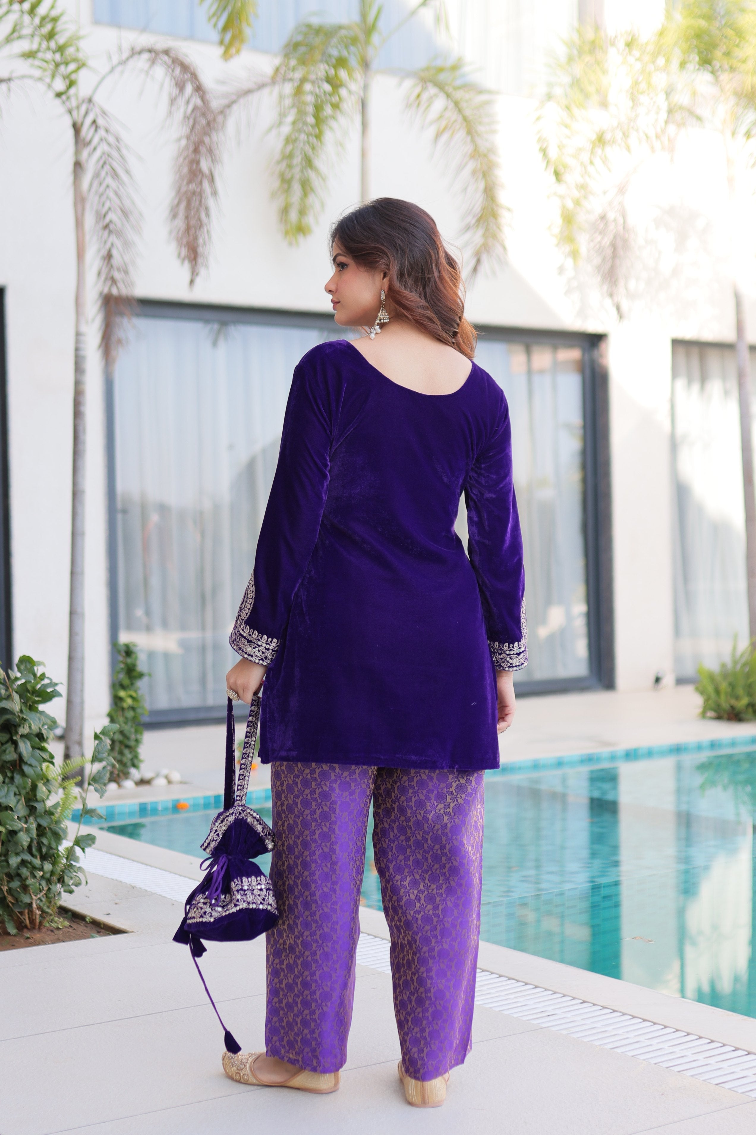 Purple Velvet Embroidered Designer Kurta Set with Matching Batwa