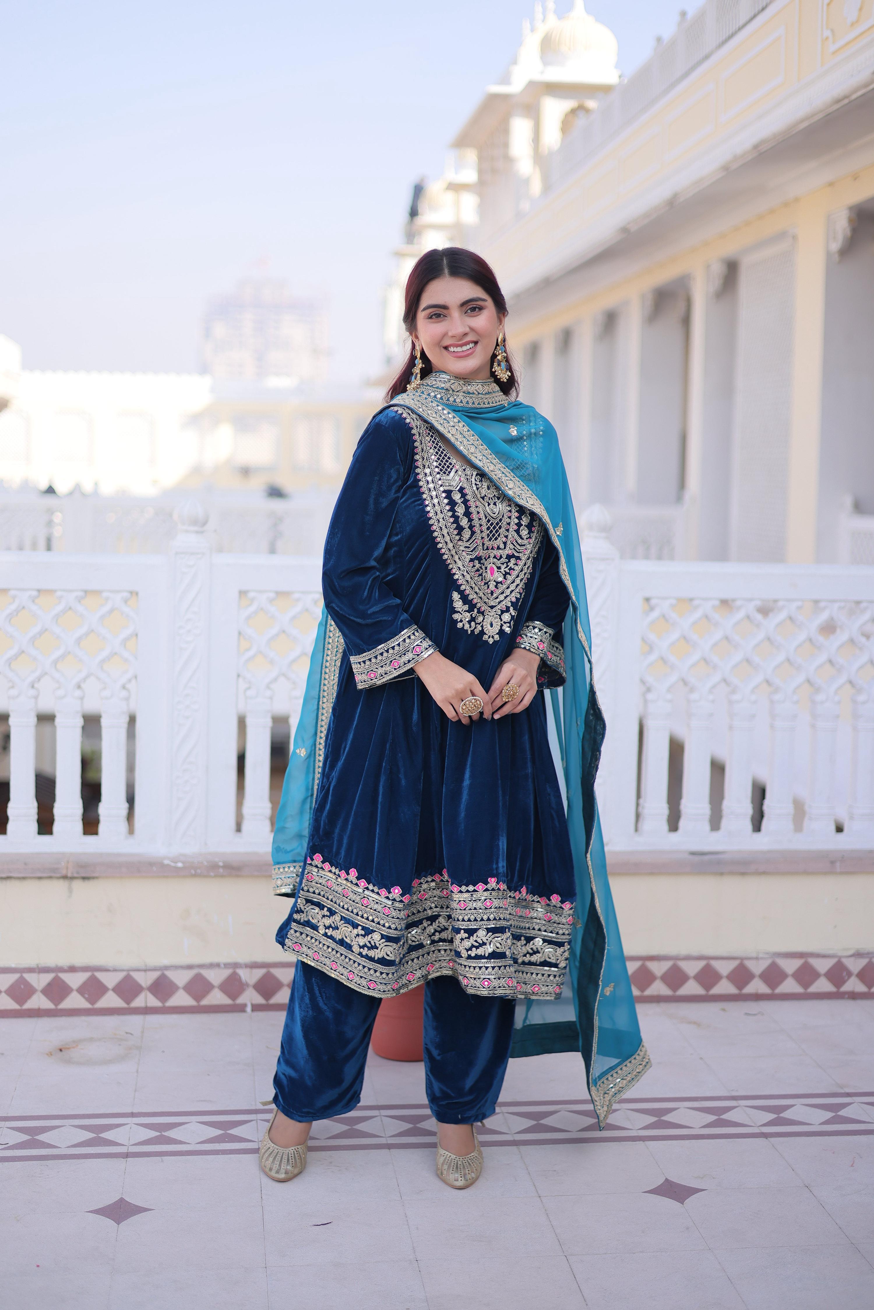 Jyoti Fashion Rama Velvet Embroidered Designer Kurta Set with Batwa
