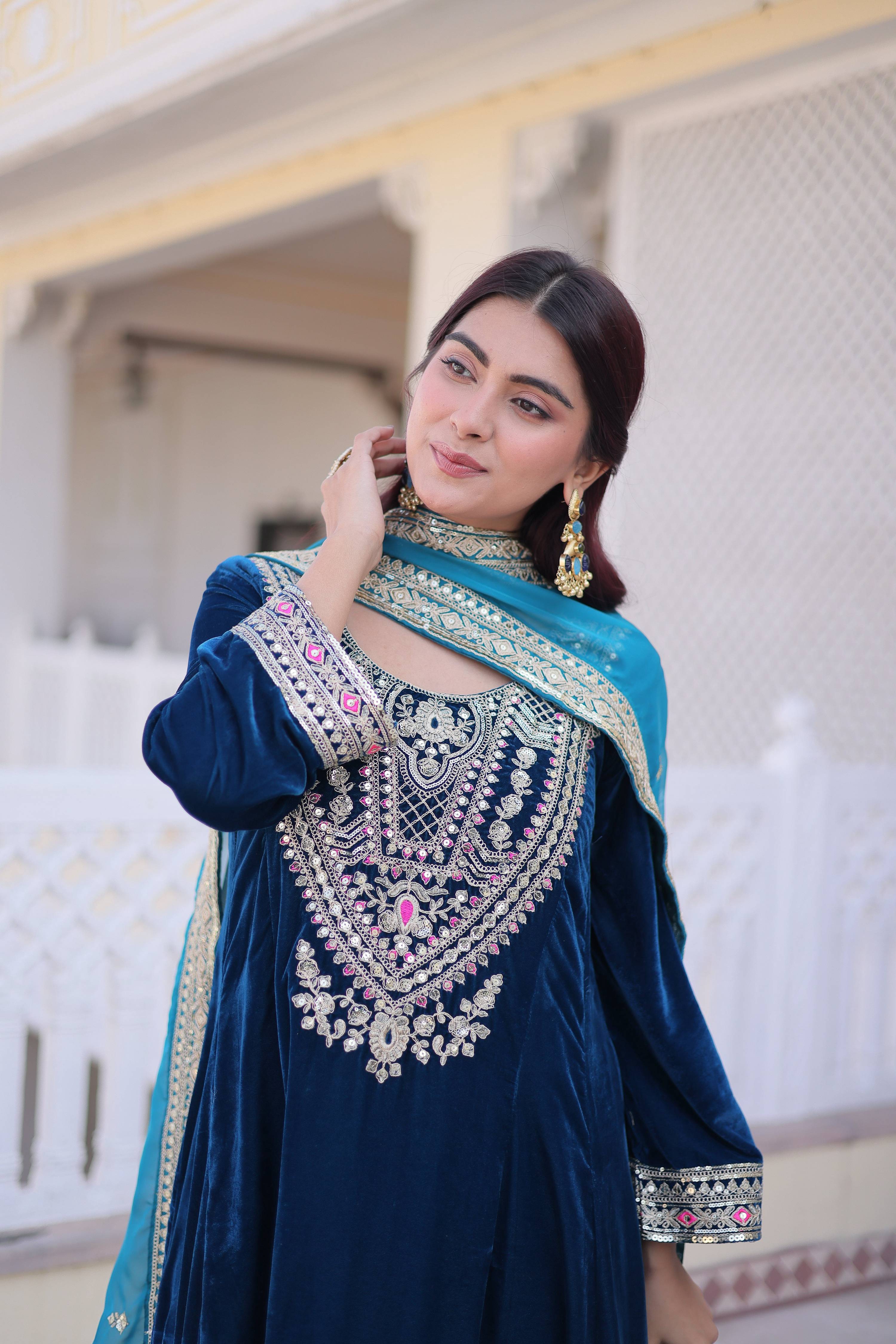 Jyoti Fashion Rama Velvet Embroidered Designer Kurta Set with Batwa