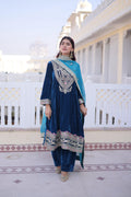 Rama Velvet Embroidered Kurta Set with Zari and Coding Thread