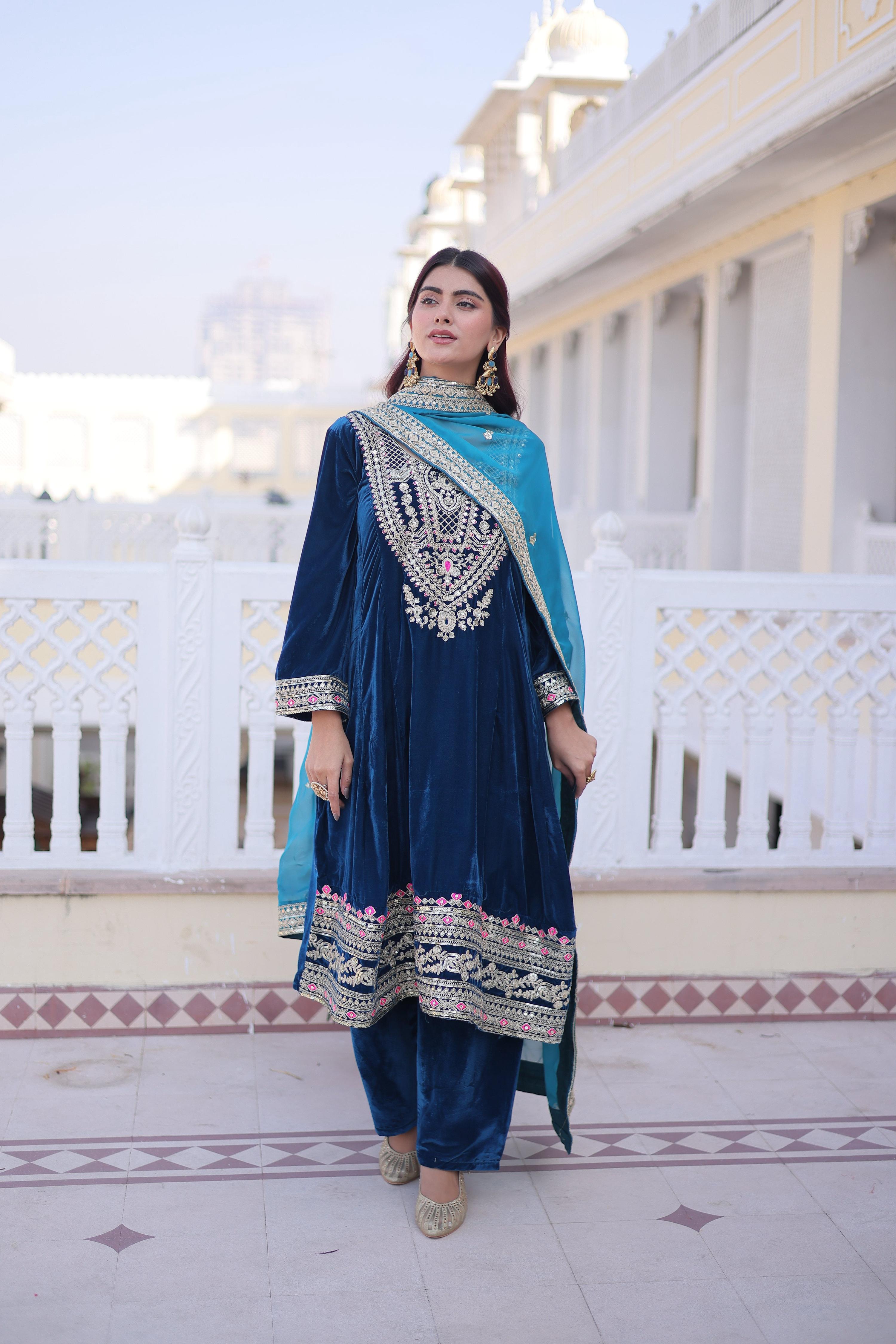 Jyoti Fashion Rama Velvet Embroidered Designer Kurta Set with Batwa