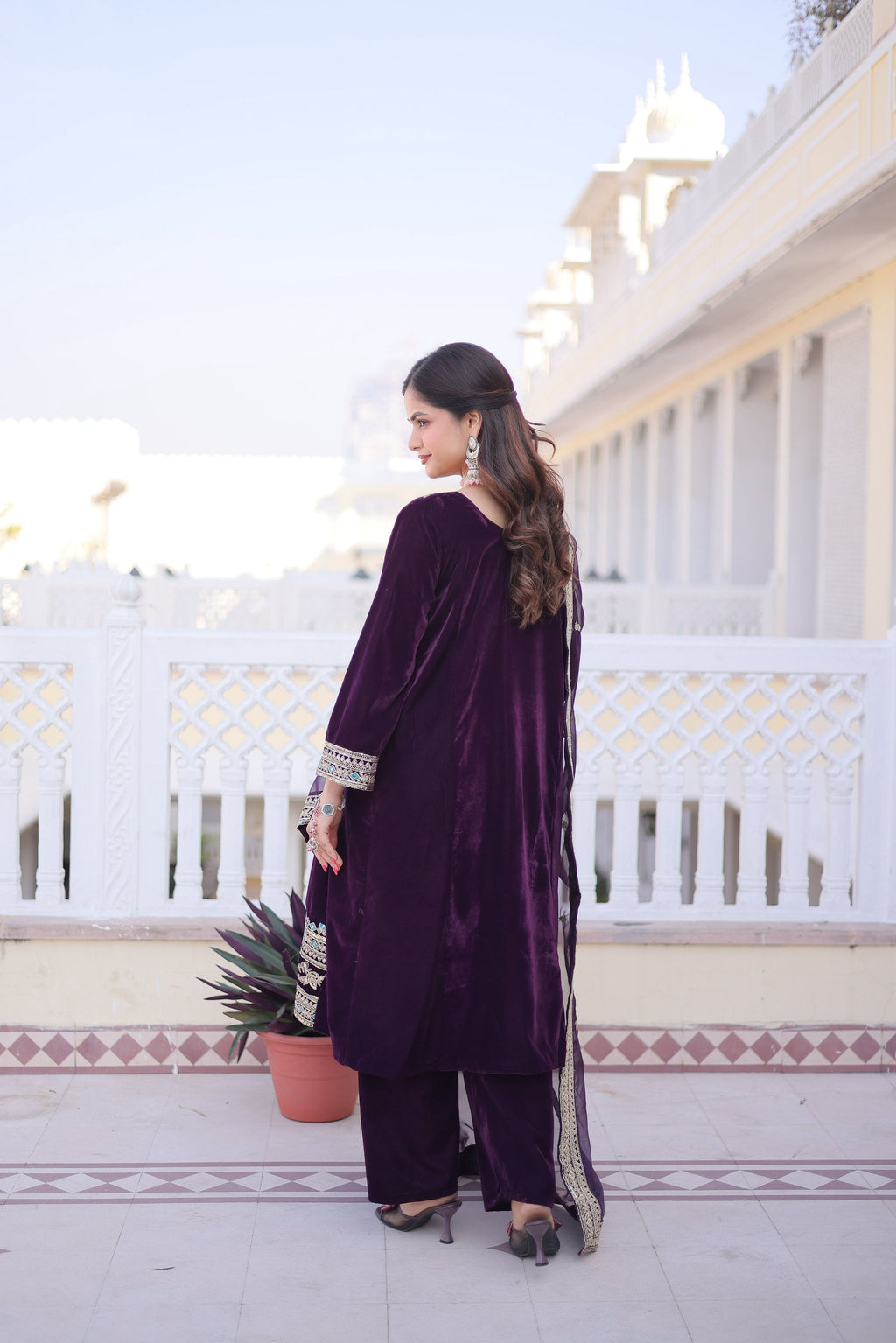 Wine Velvet Embroidered Designer Kurta Set with Batwa