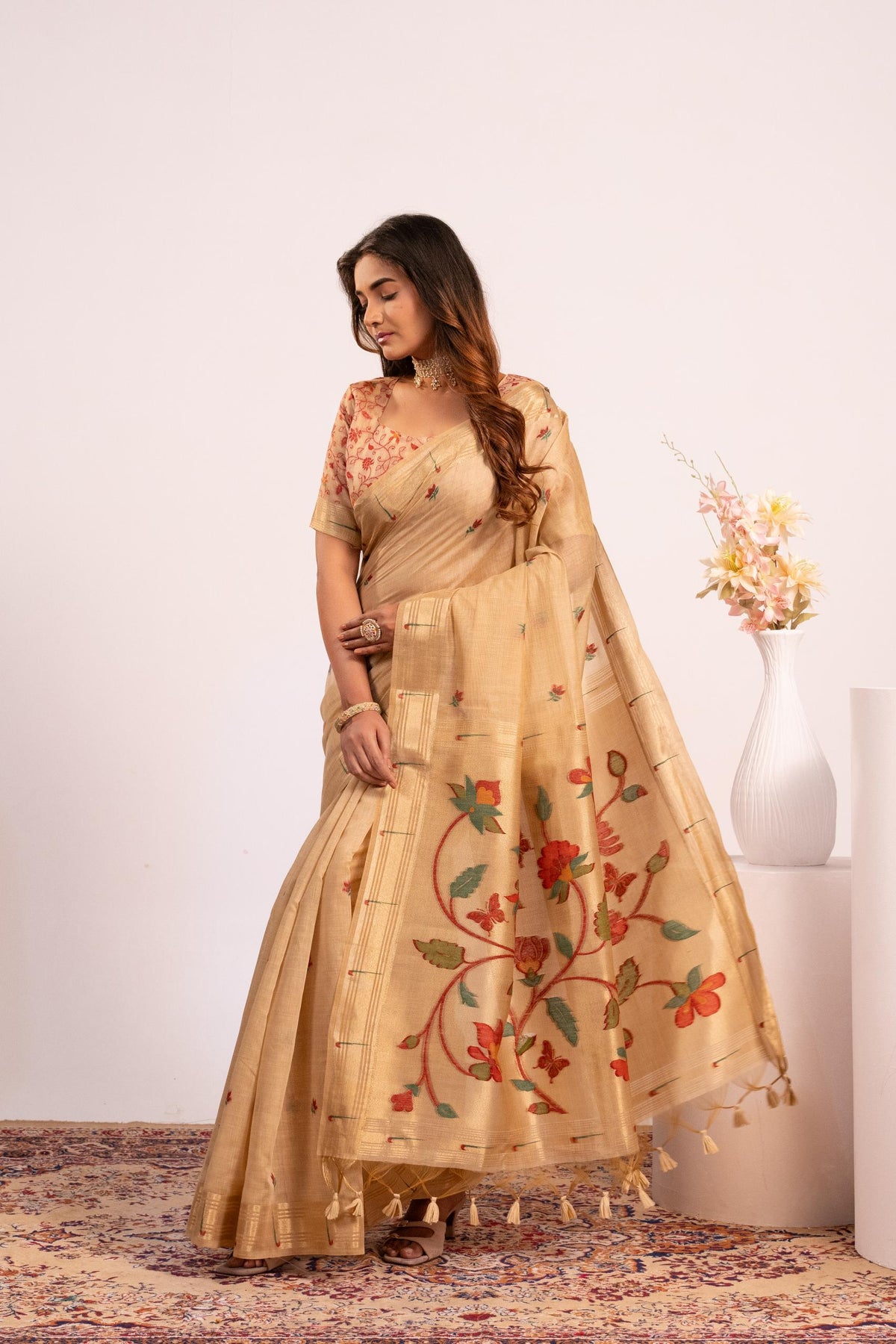 Chiku Muga Cotton Zari Woven Paithani Saree with Blouse