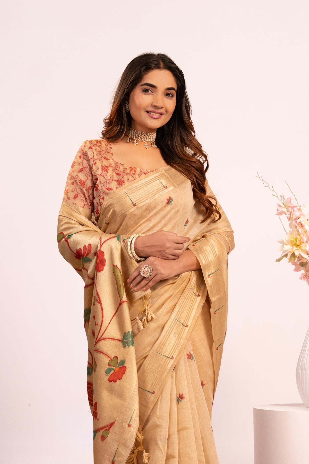 Chiku Muga Cotton Zari Woven Paithani Saree with Blouse