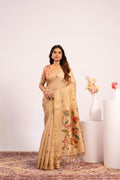 Chiku colored Muga cotton saree with Resham Paithani weaving and Zari work