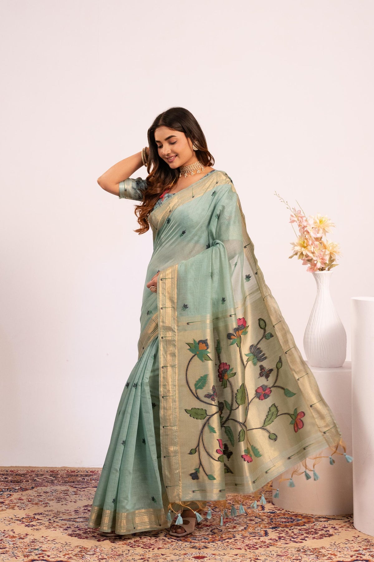 Firozi Muga Cotton Saree with Resham Weaving Paithani and Blouse
