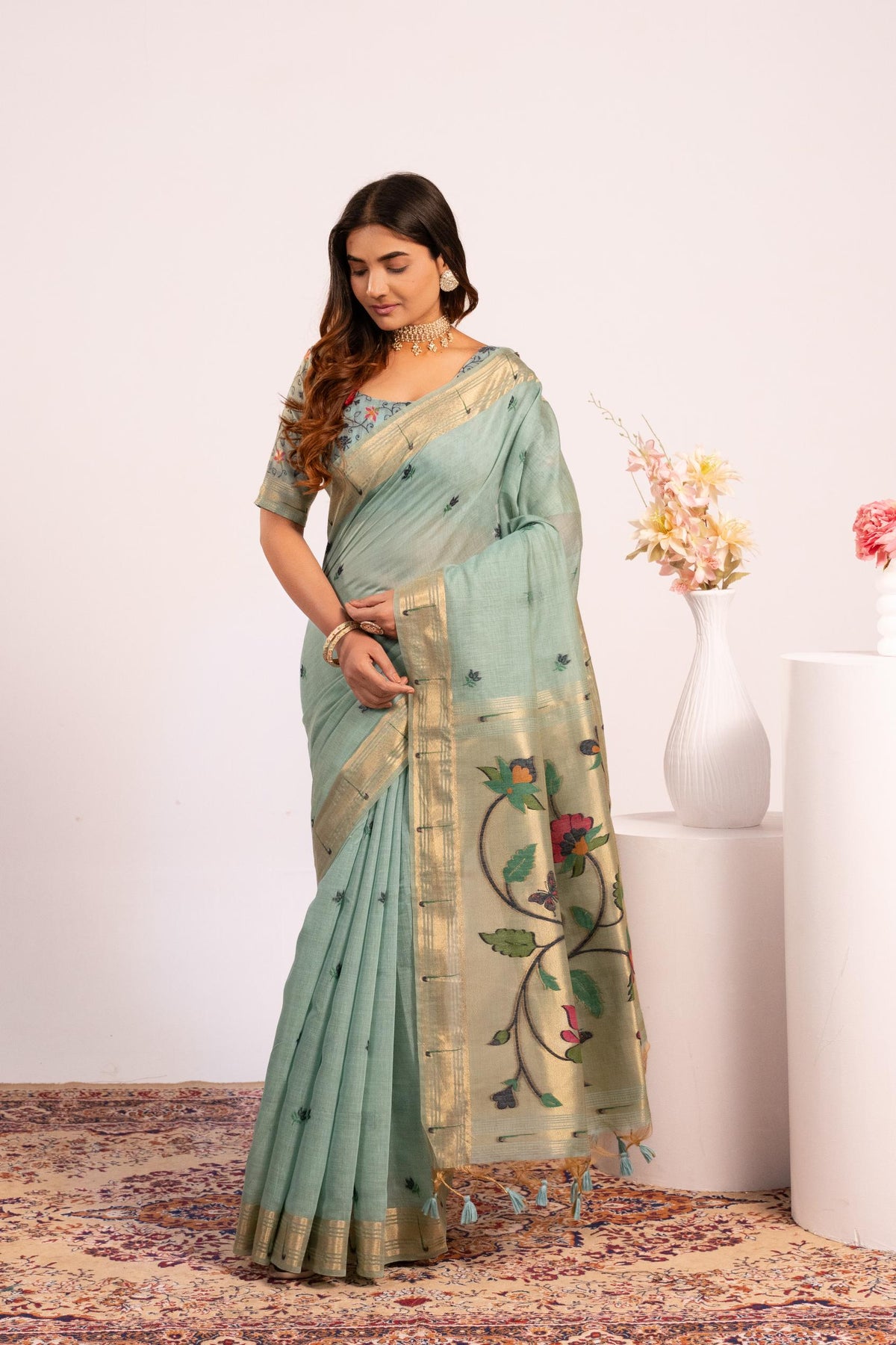 Firozi Muga Cotton Saree with Resham Weaving Paithani and Blouse
