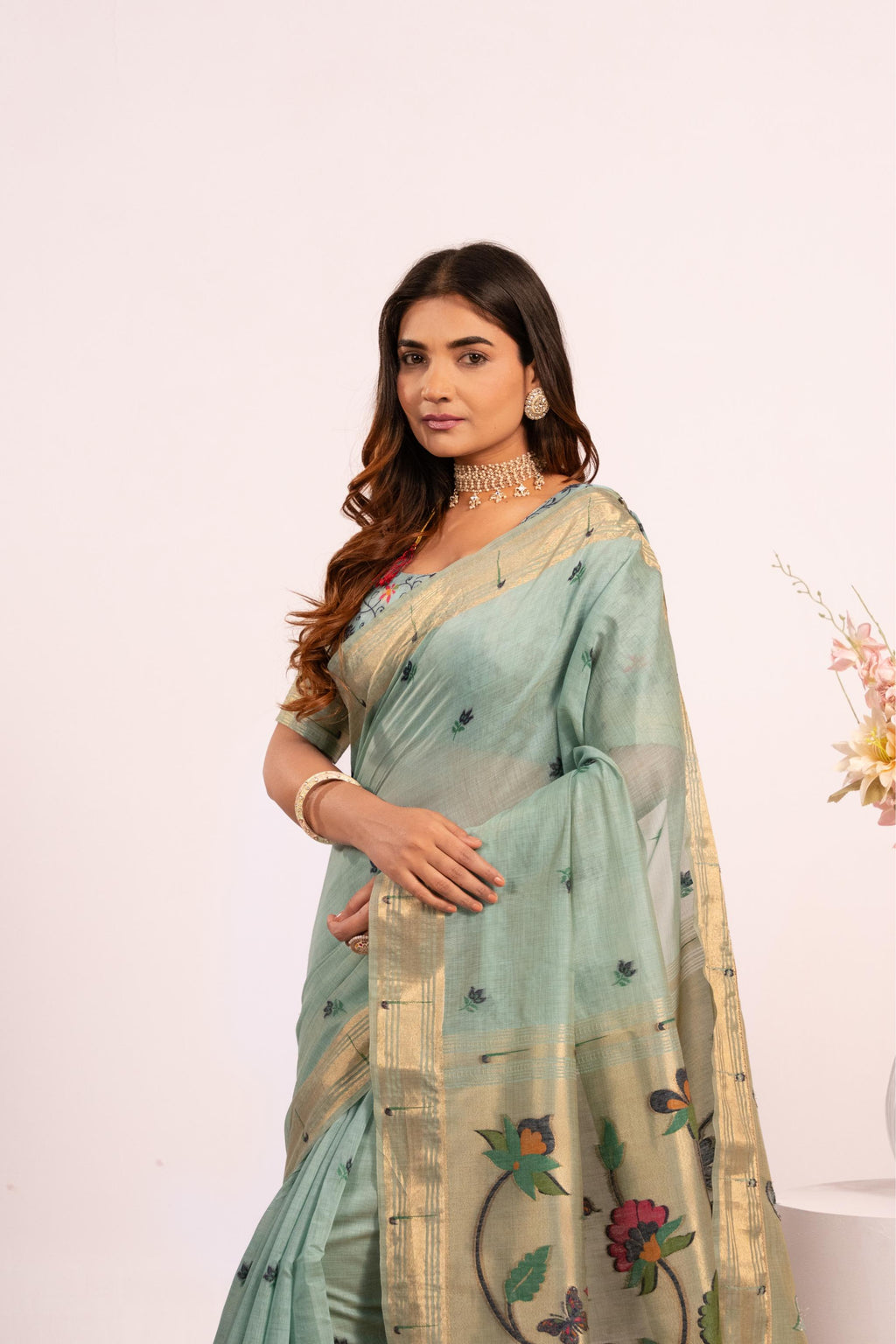 Firozi Muga Cotton Saree with Resham Weaving Paithani and Blouse