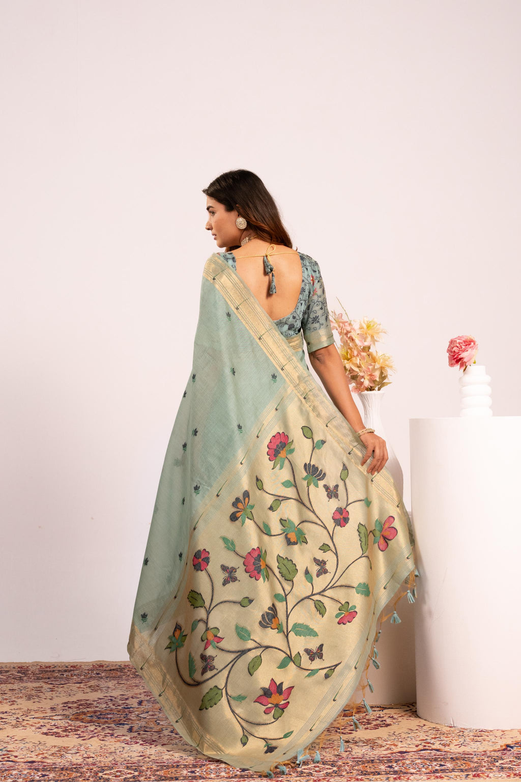 Firozi Muga Cotton Saree with Resham Weaving Paithani and Blouse