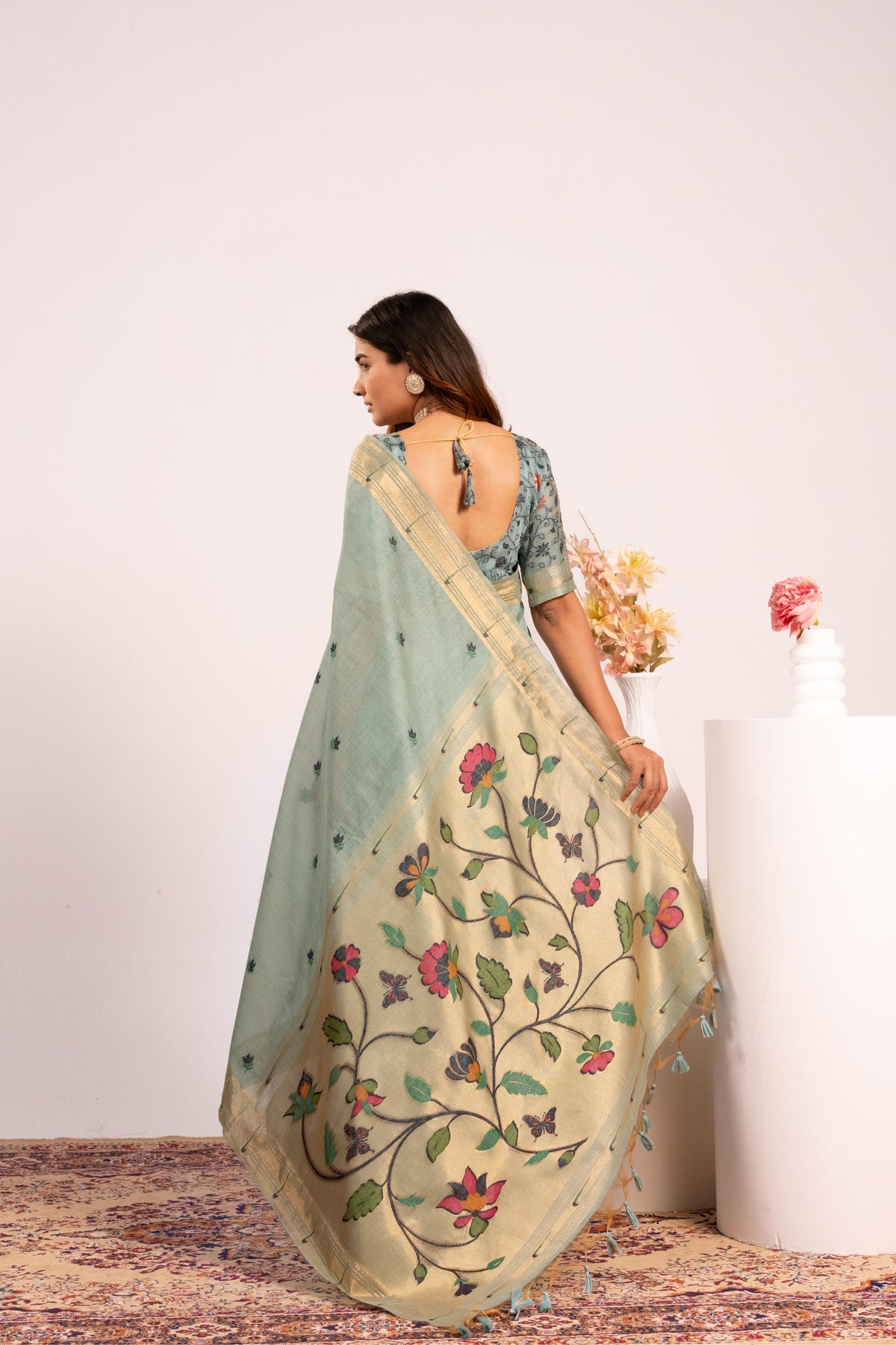 Firozi Muga Cotton Saree with Resham Weaving Paithani and Blouse