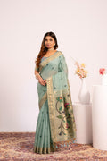 Firozi Muga Cotton saree featuring detailed Resham Paithani weaving