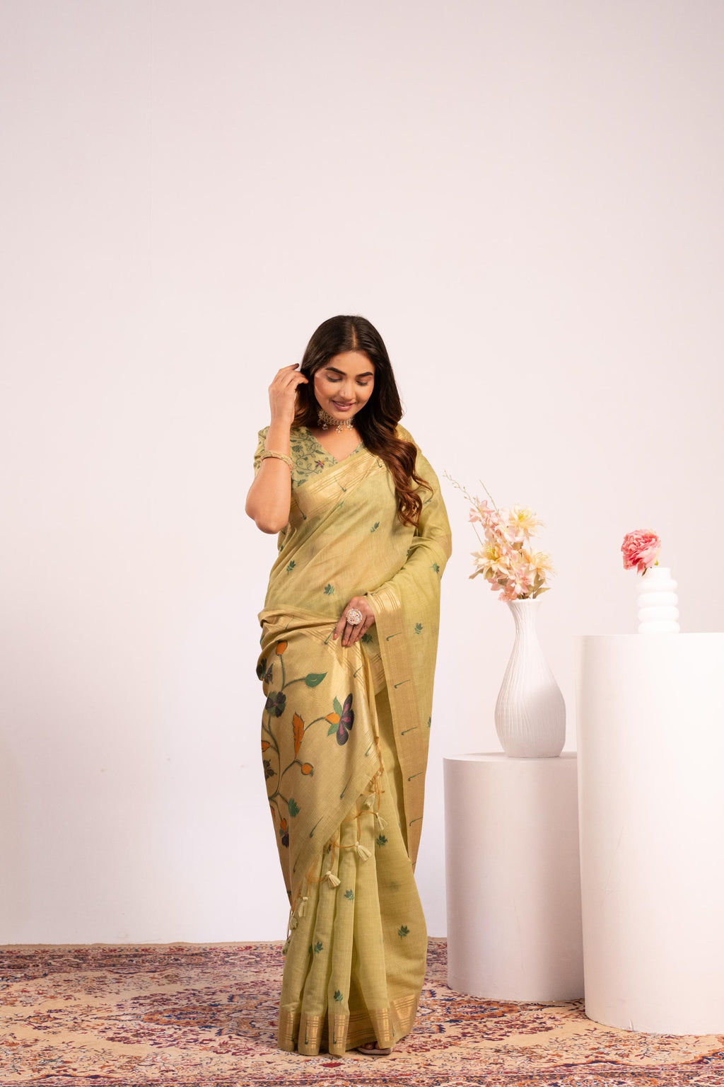 Pista colored Muga cotton saree with traditional Paithani resham weaving