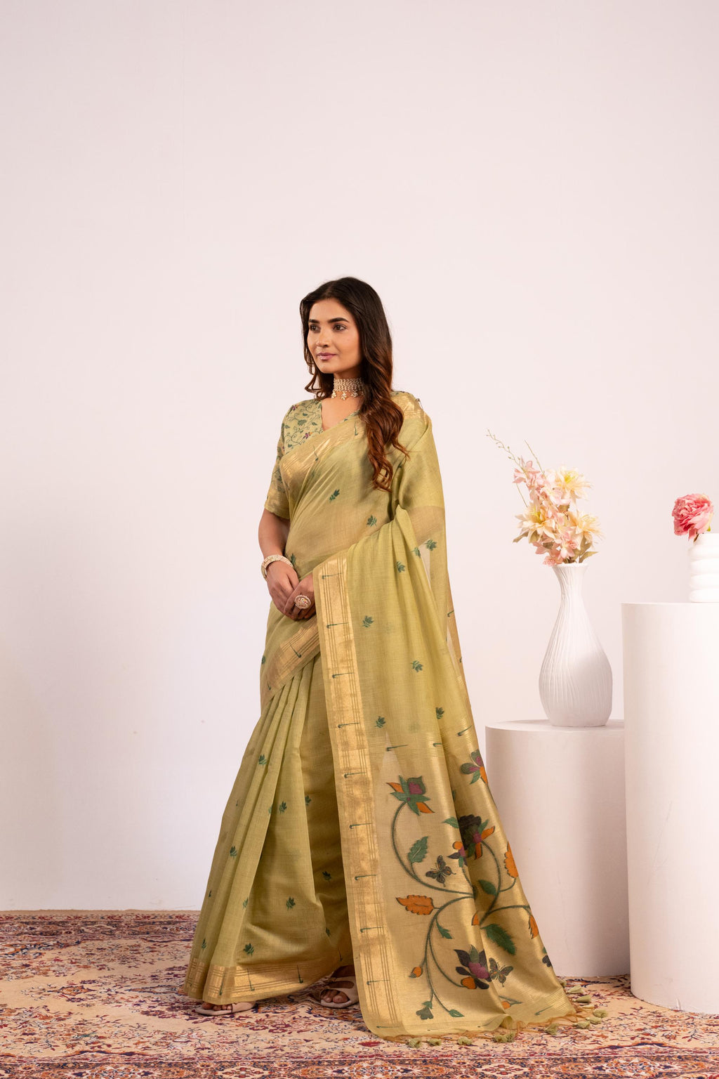 Pista Muga Cotton Zari Woven Paithani Saree with Blouse