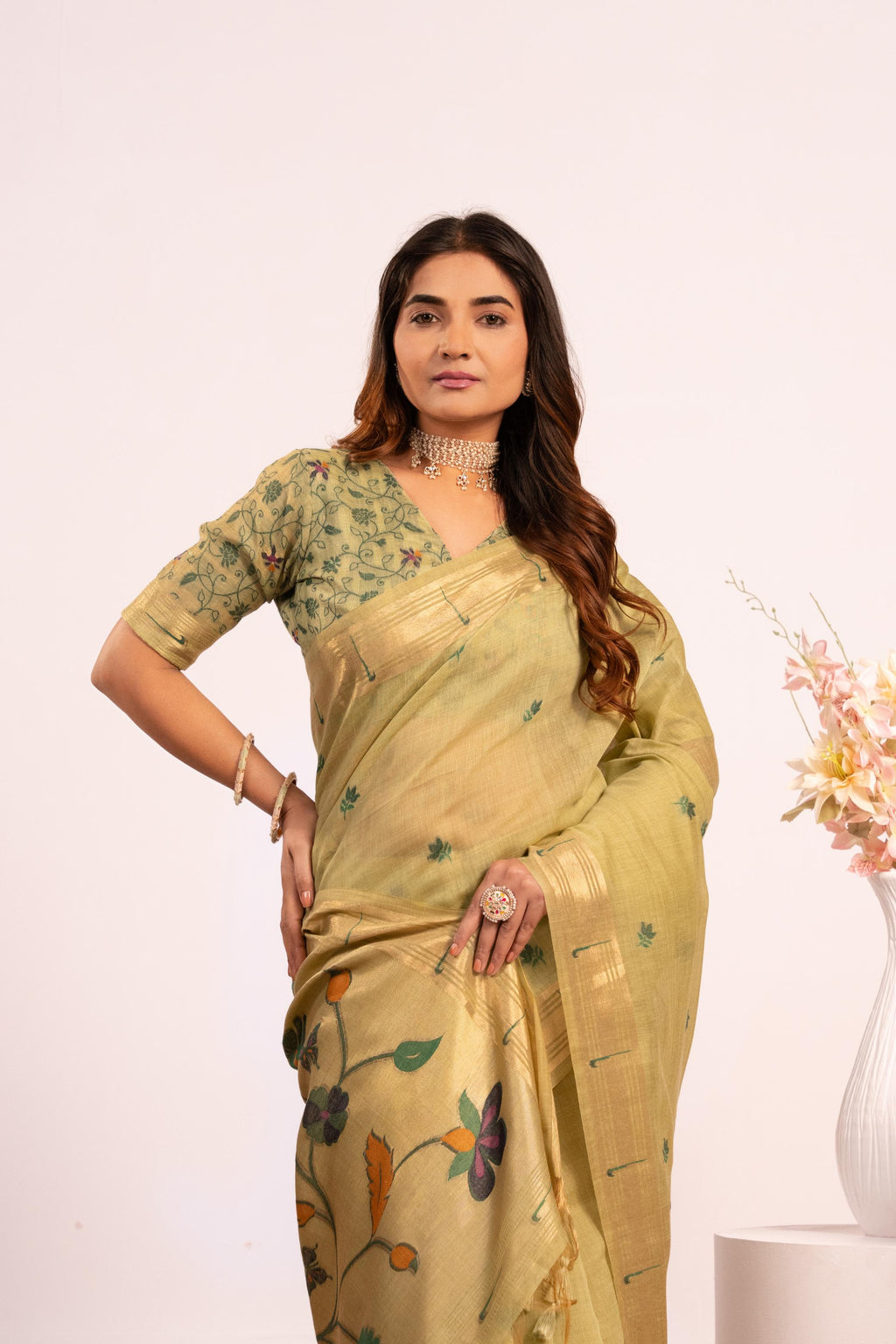 Pista Muga Cotton Zari Woven Paithani Saree with Blouse