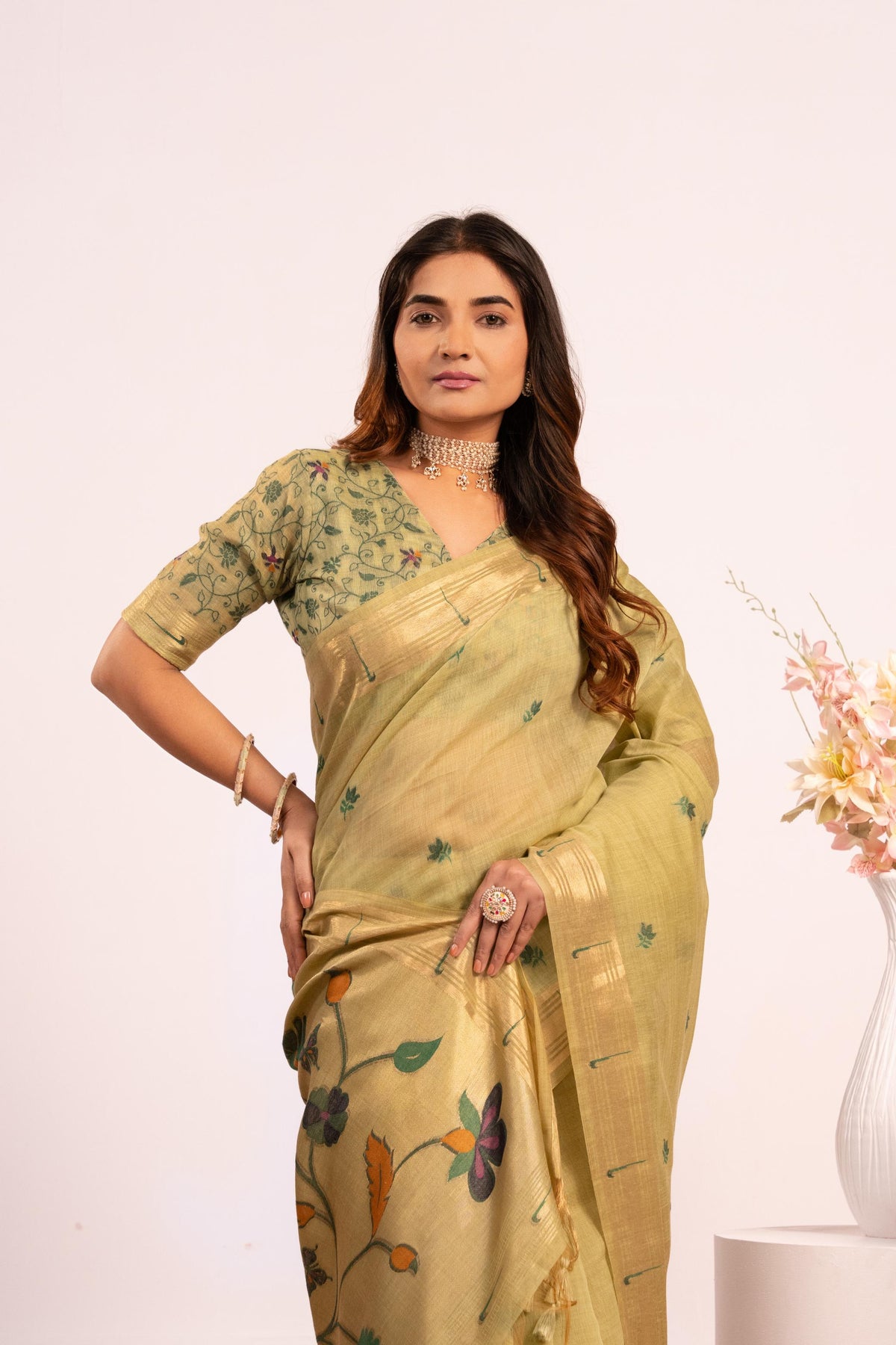 Pista Muga Cotton Zari Woven Paithani Saree with Blouse