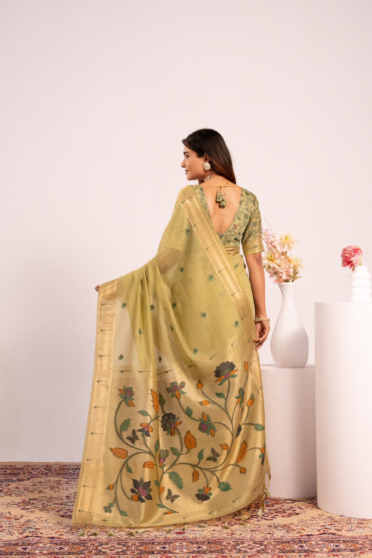 Pista Muga Cotton Zari Woven Paithani Saree with Blouse