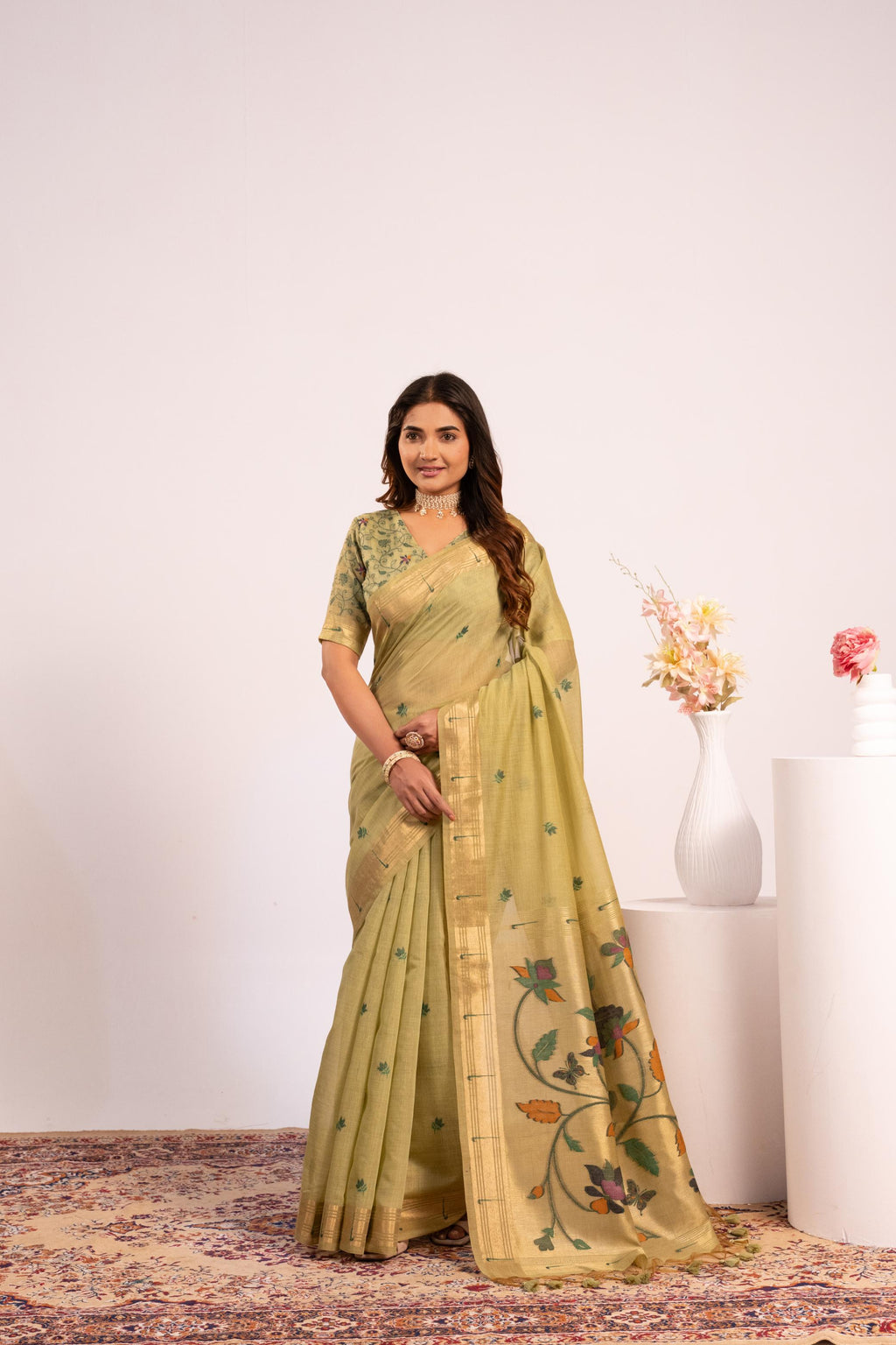 Pista Muga Cotton Zari Woven Paithani Saree with Blouse