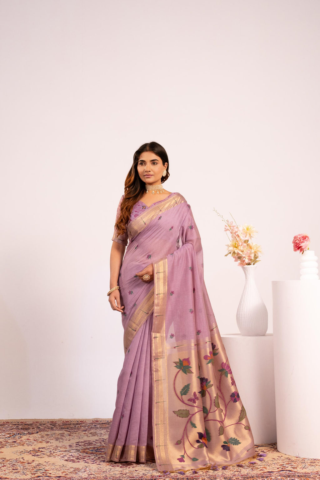 Purple Muga Cotton Zari Woven Saree with Matching Blouse