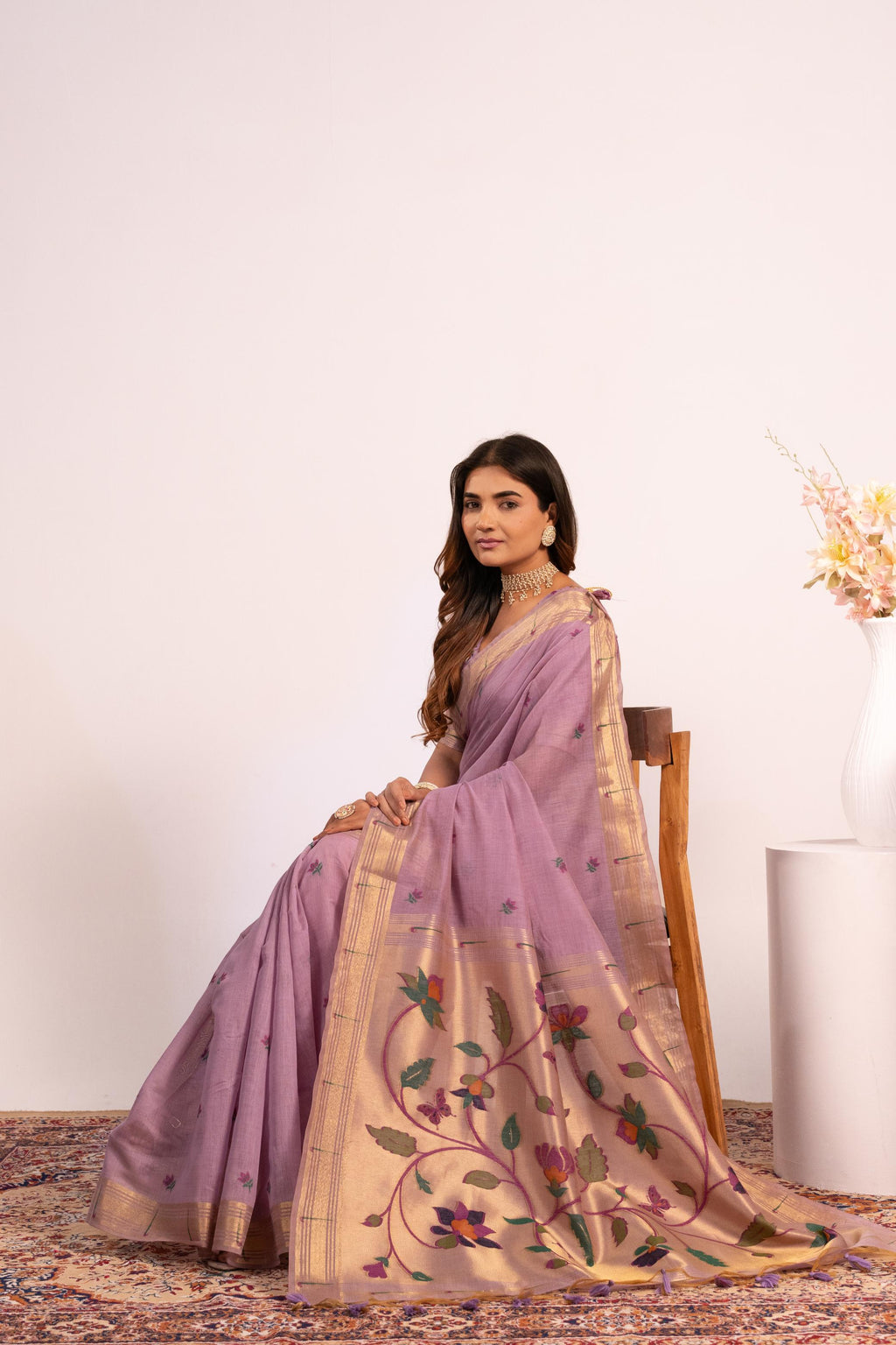Purple Muga Cotton Zari Woven Saree with Matching Blouse