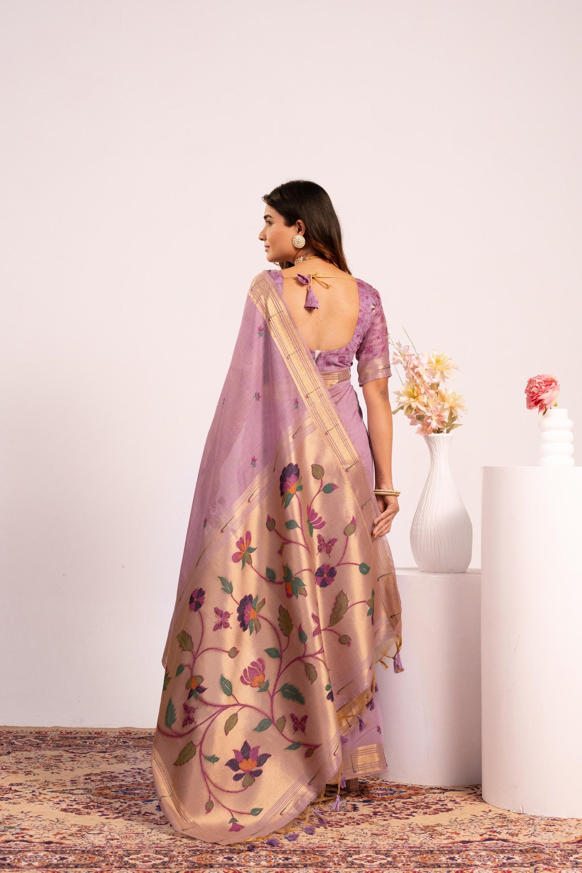 Purple Muga Cotton Zari Woven Saree with Matching Blouse