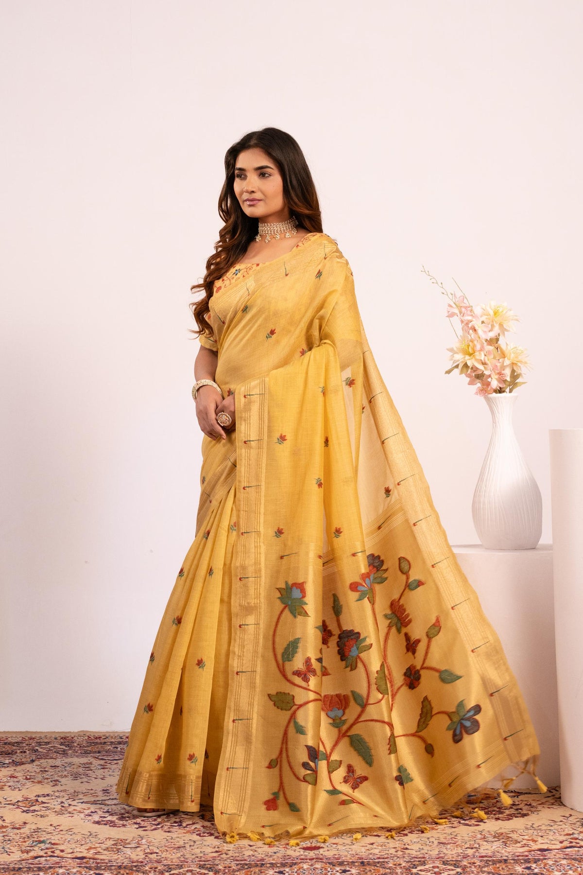 Yellow Muga Cotton Paithani Style Zari Woven Saree with Blouse