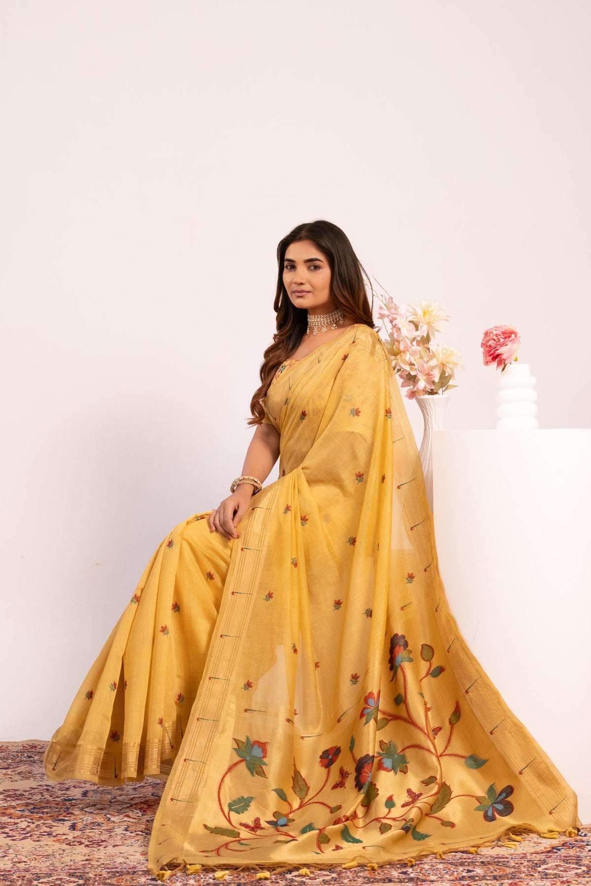 Yellow Muga Cotton Paithani Style Zari Woven Saree with Blouse