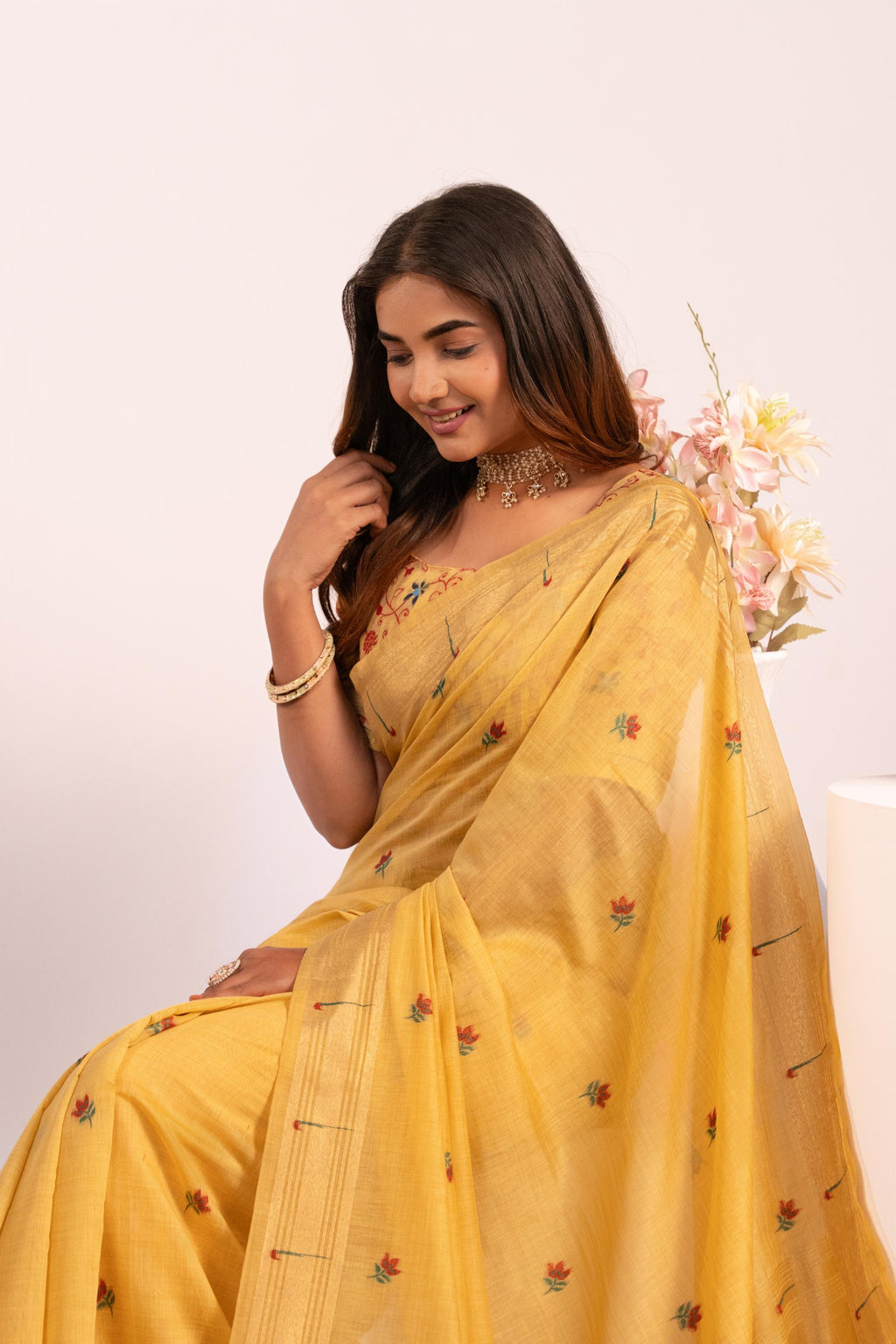 Yellow Muga Cotton Paithani Style Zari Woven Saree with Blouse