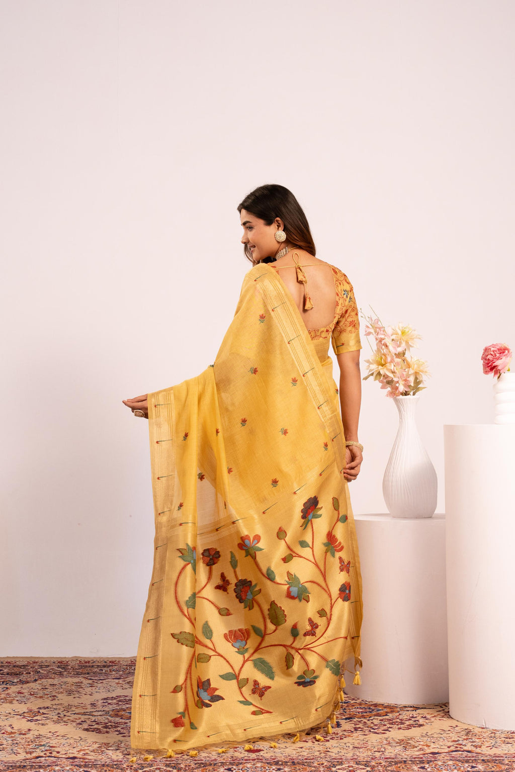 Yellow Muga Cotton Paithani Style Zari Woven Saree with Blouse