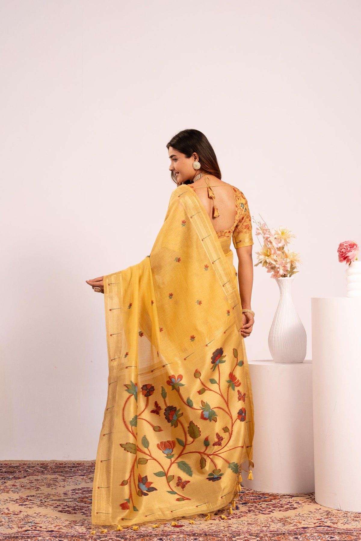 Yellow Muga Cotton Paithani Style Zari Woven Saree with Blouse