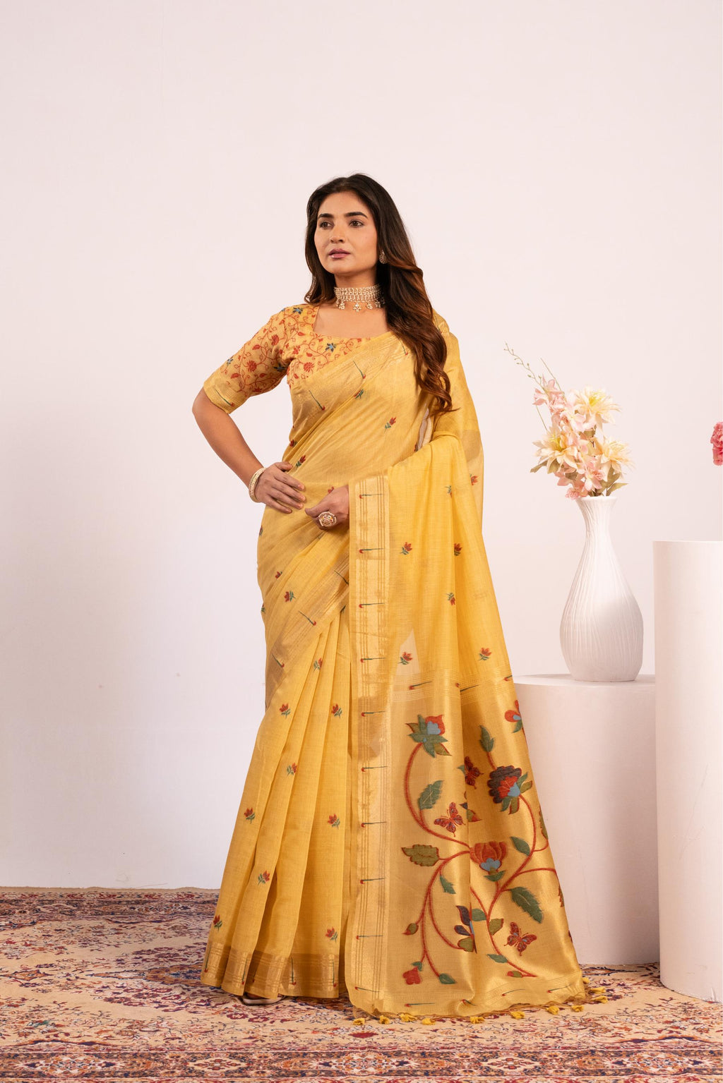 Yellow Muga cotton saree with Zari weaving and Paithani inspired patterns
