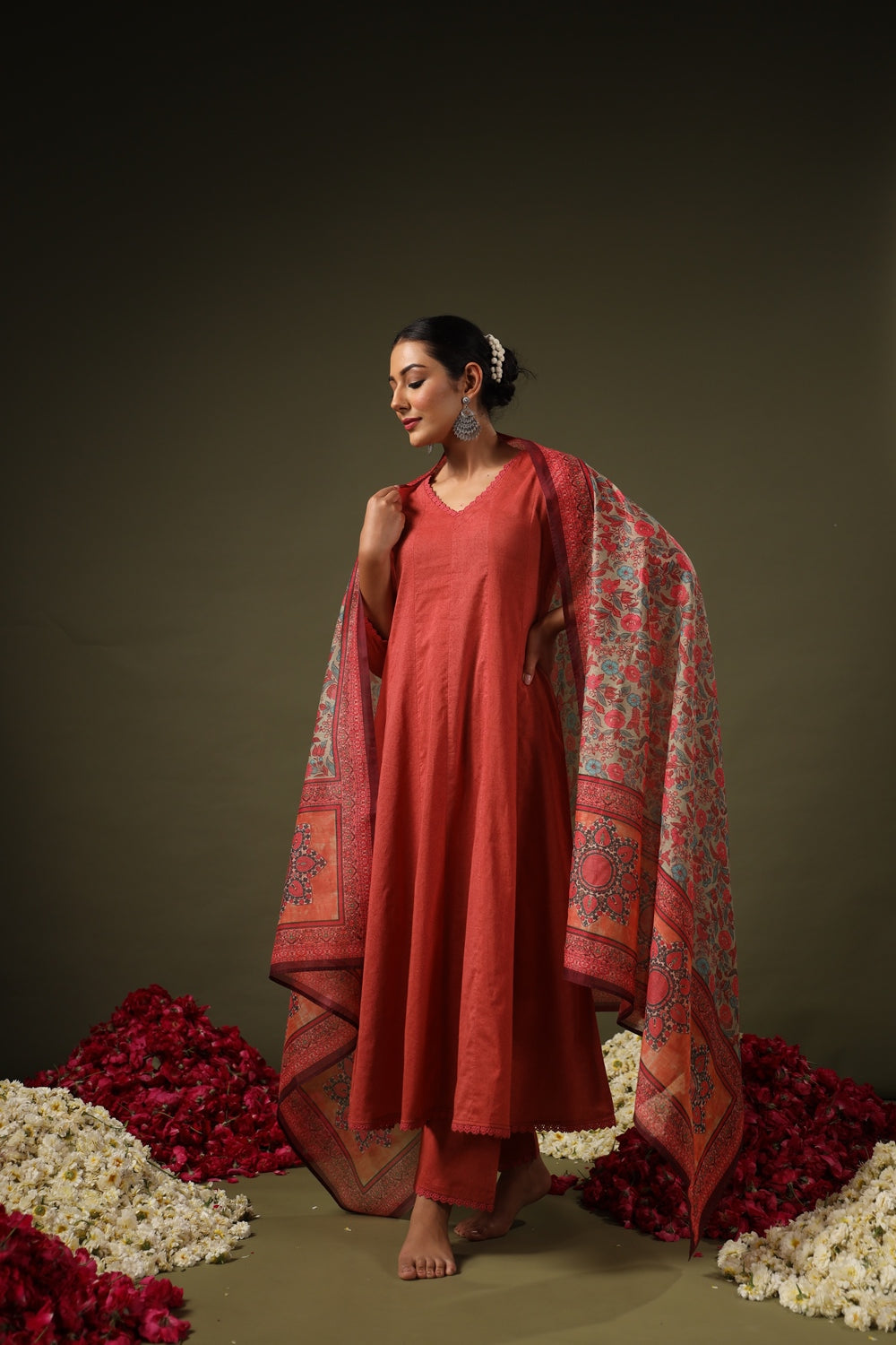 Jyoti Fashion Rust Rayon Lace Border Designer Kurta Set With Dupatta