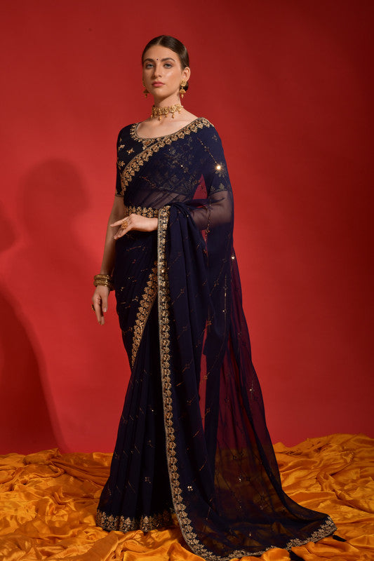 Navy Blue Georgette Saree with Sequence Coding Embroidery