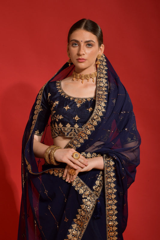 Navy Blue Georgette Saree with Sequence Coding Embroidery
