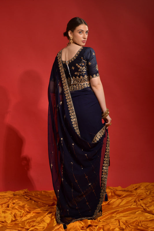 Navy Blue Georgette Saree with Sequence Coding Embroidery
