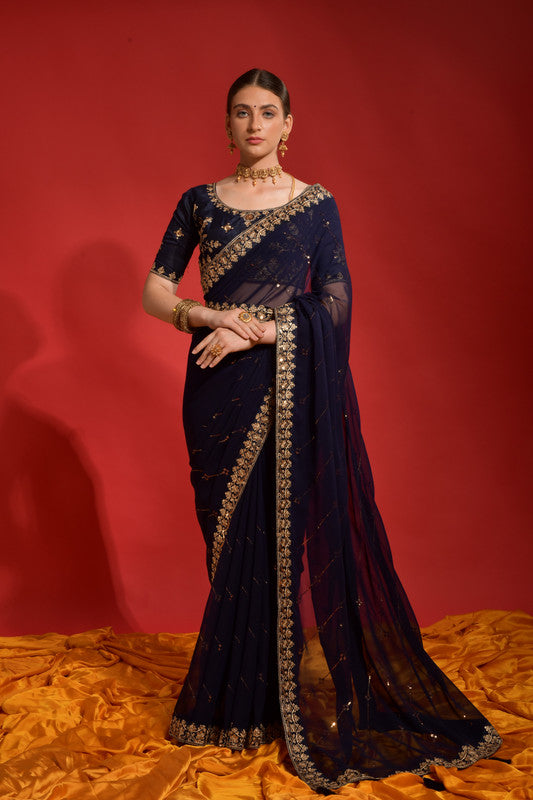 Navy Blue georgette saree with detailed sequence coding embroidery
